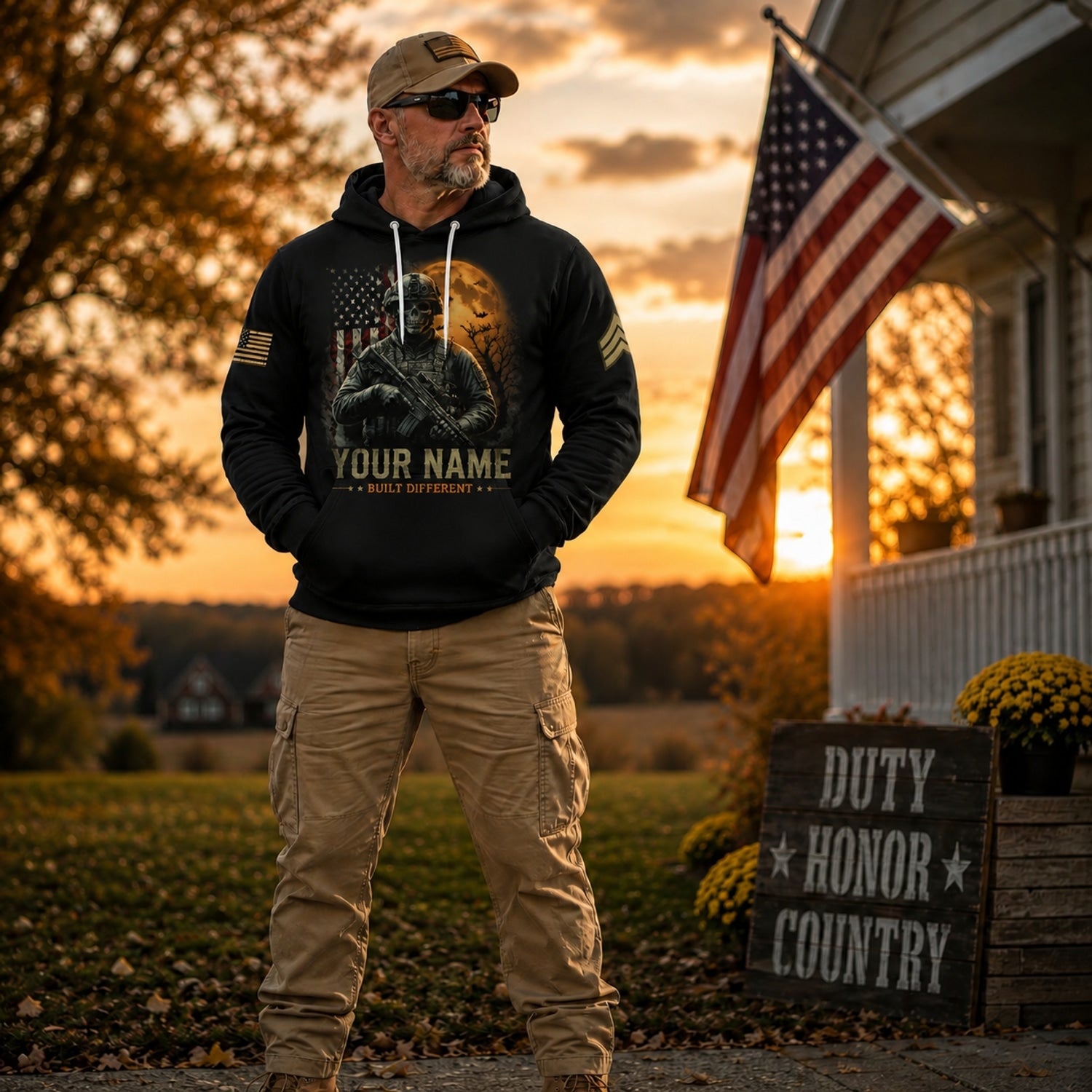 Custom US Army Built Different Halloween Hooded Patriotic Front View