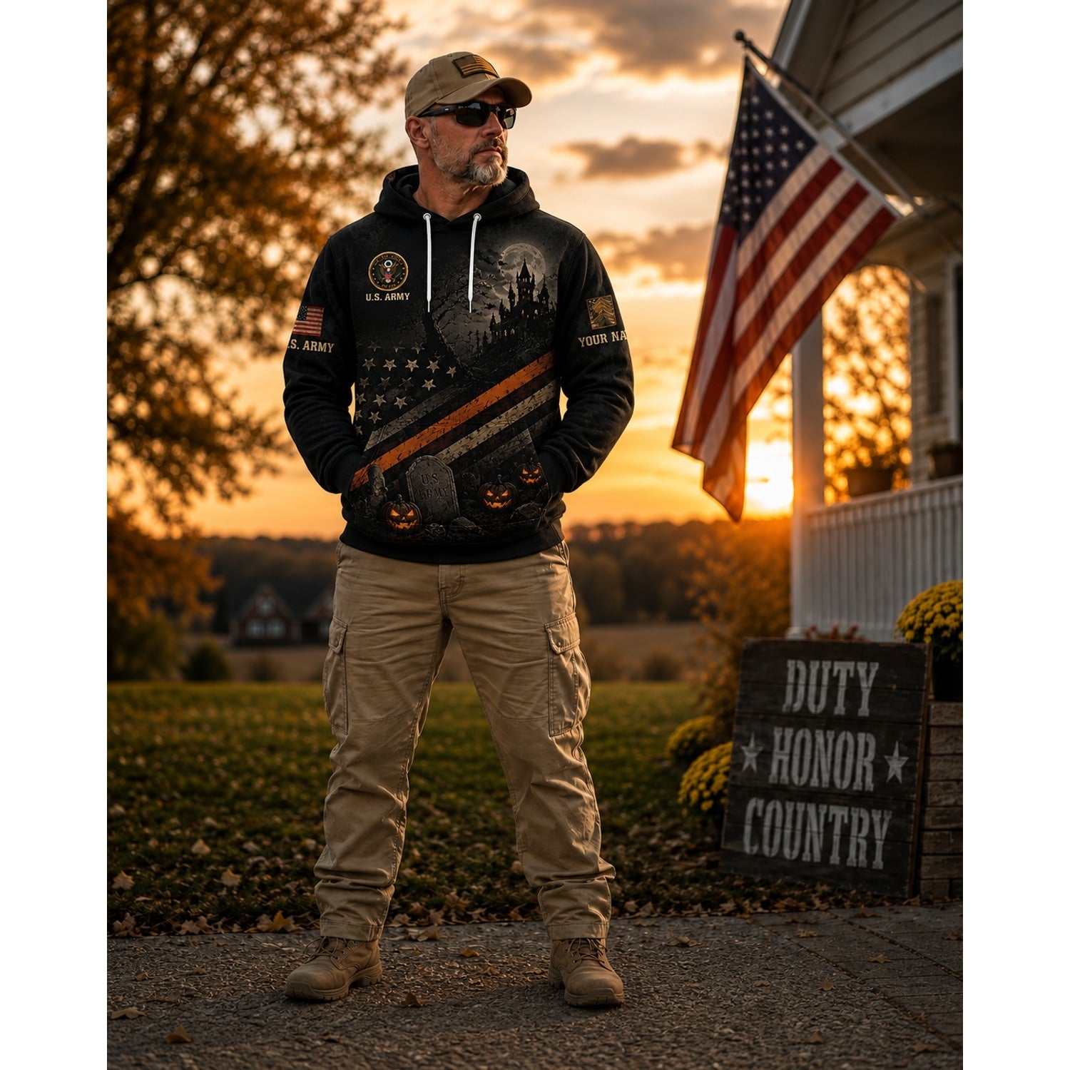 Custom US Army Halloween Combat Engineer Hoodie Patriotic Front View