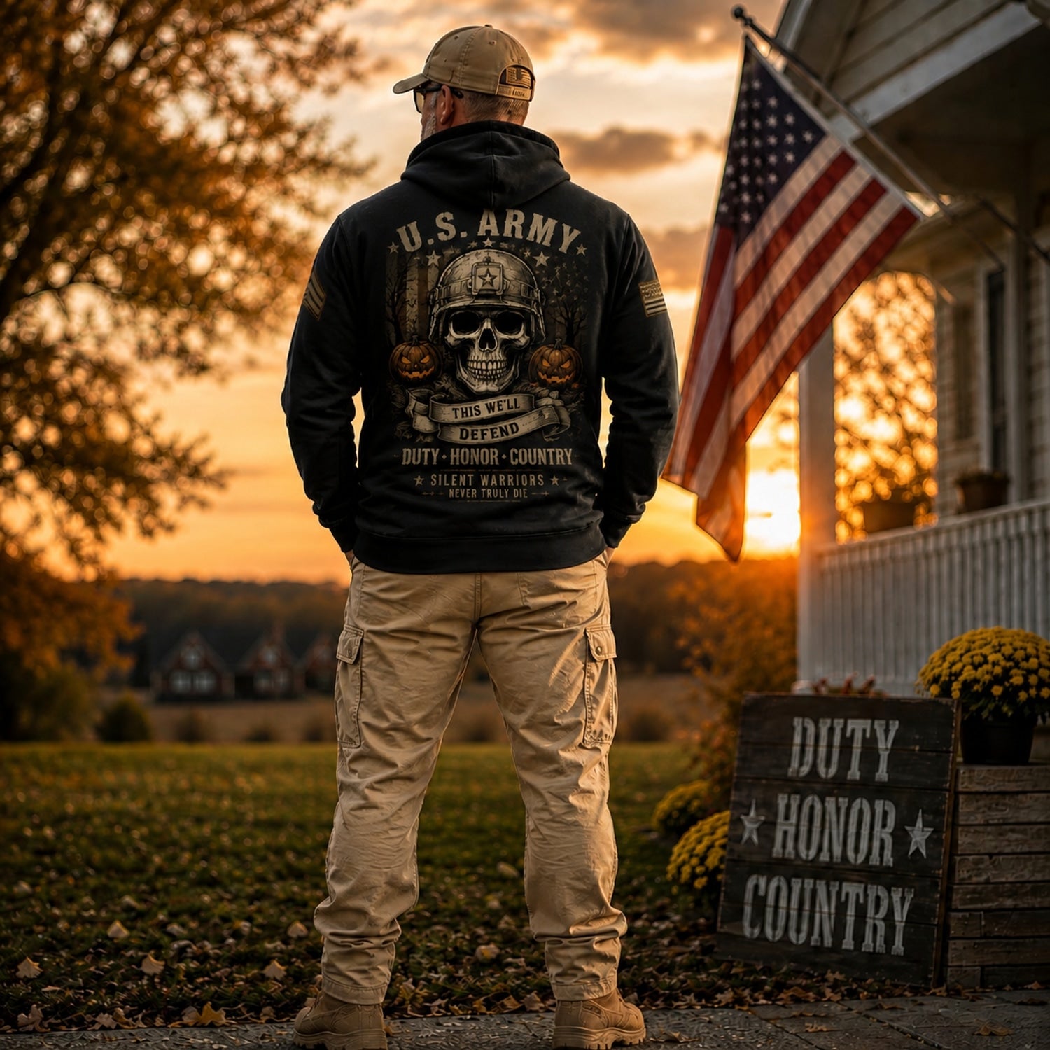 Custom US Army Halloween Skull Hoodie Back Graphic Showcase
