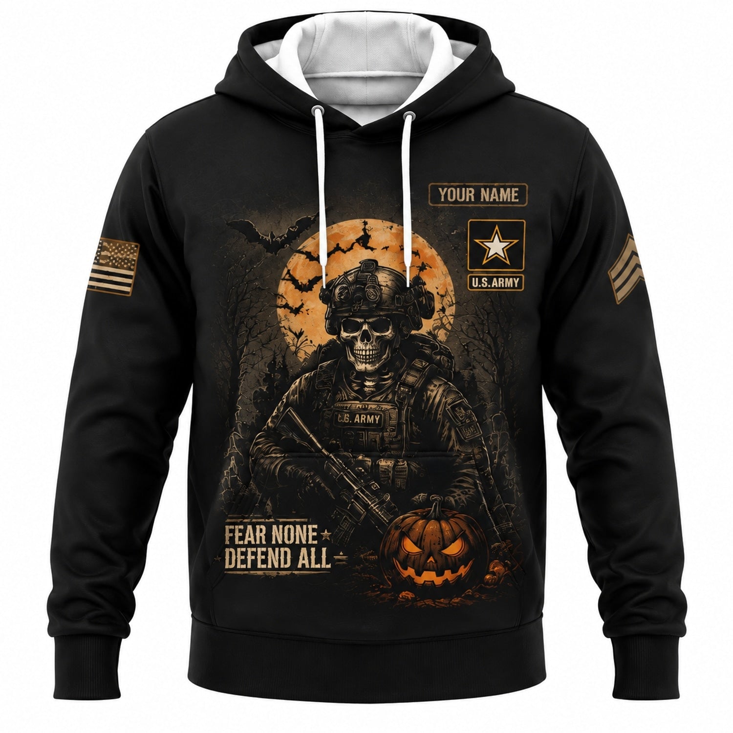 Custom US Army Halloween Skull Hoodie Font View