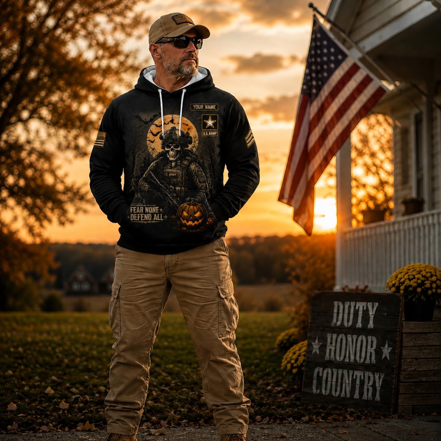 Custom US Army Halloween Skull Hoodie Patriotic Front View