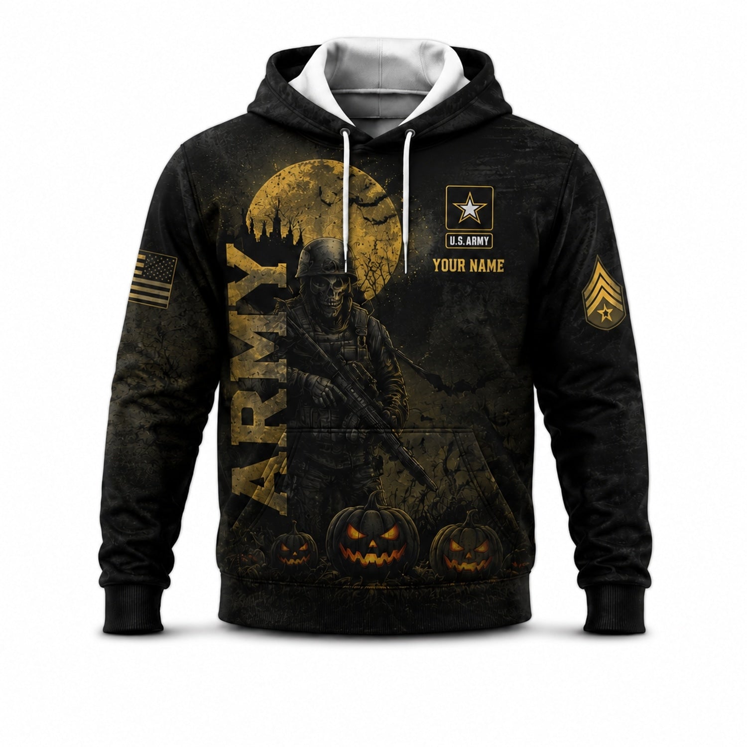 Custom US Army Halloween Veteran Hoodie Font View
