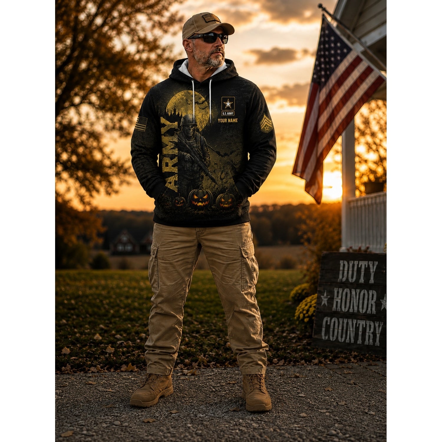 Custom US Army Halloween Veteran Hoodie Patriotic Front View
