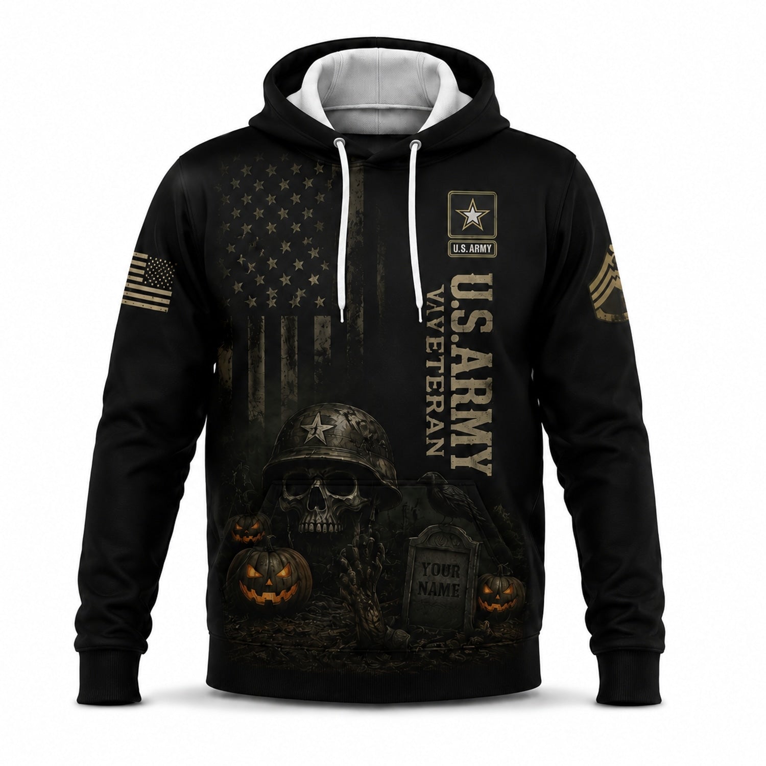 Custom US Army Veteran Halloween Hoodie Font View