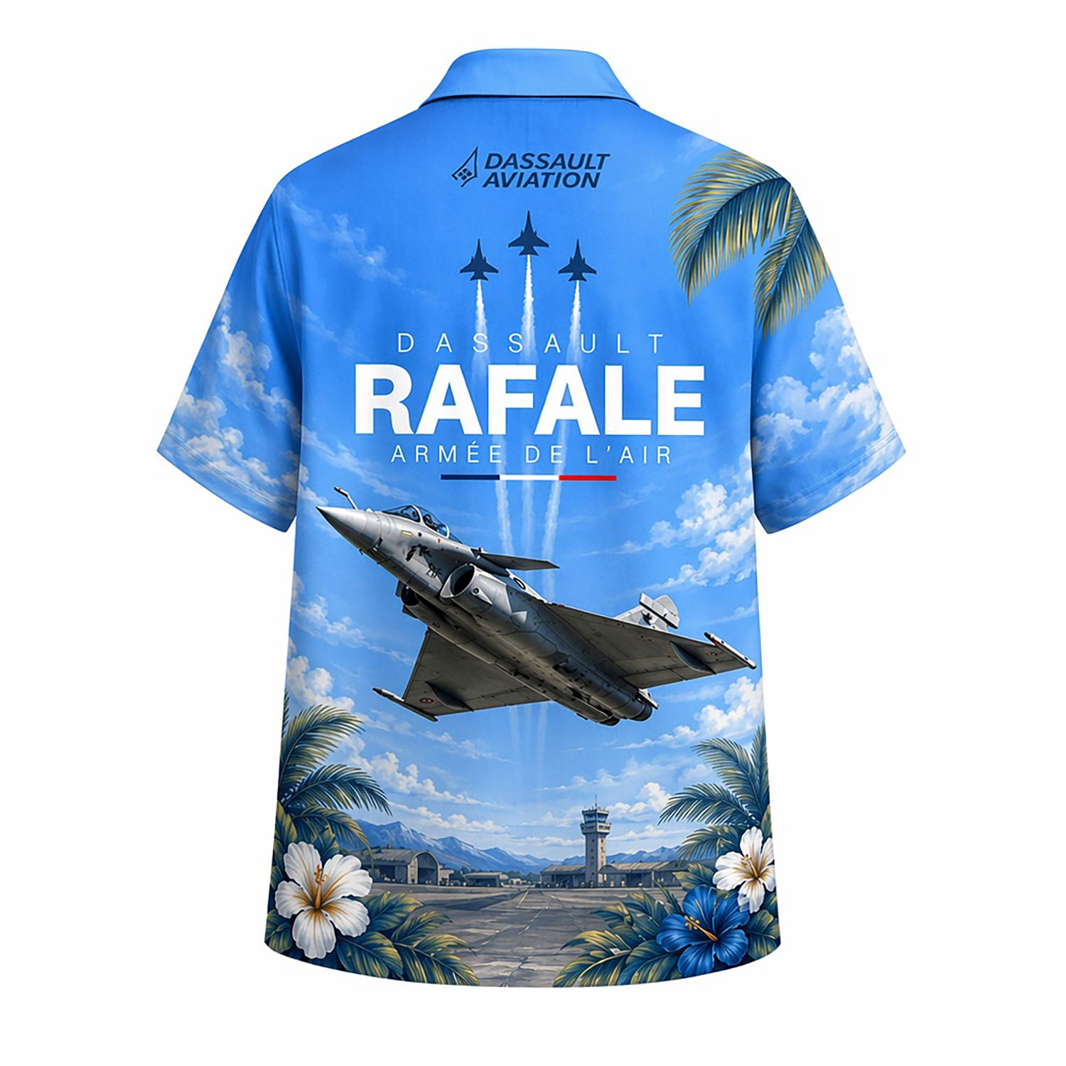 Back flat-lay view of the aviation shirt displaying the Dassault Rafale Armée de l'Air typography and jet formation trails