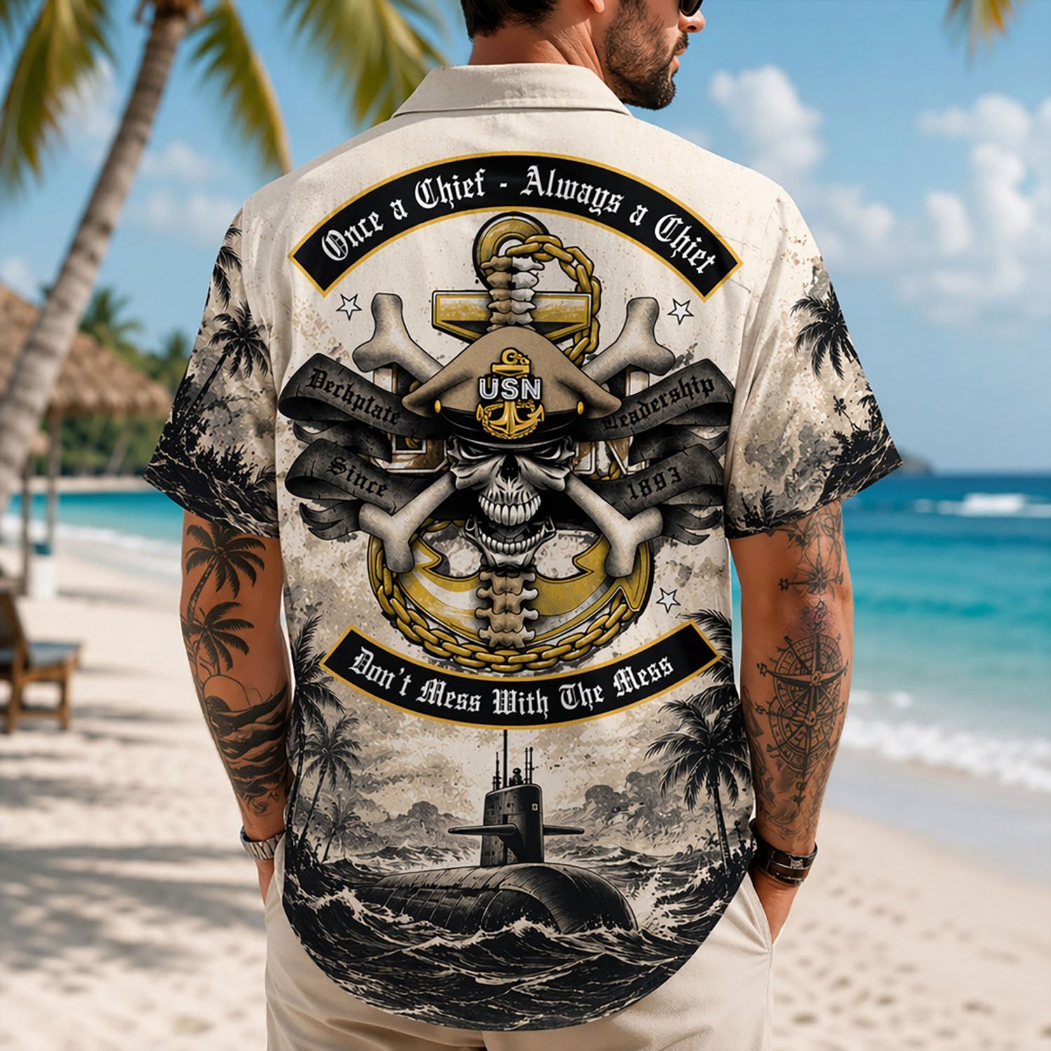 Back view lifestyle of a man on the shore displaying the detailed "Don't Mess With The Mess" USN Chief pride graphics