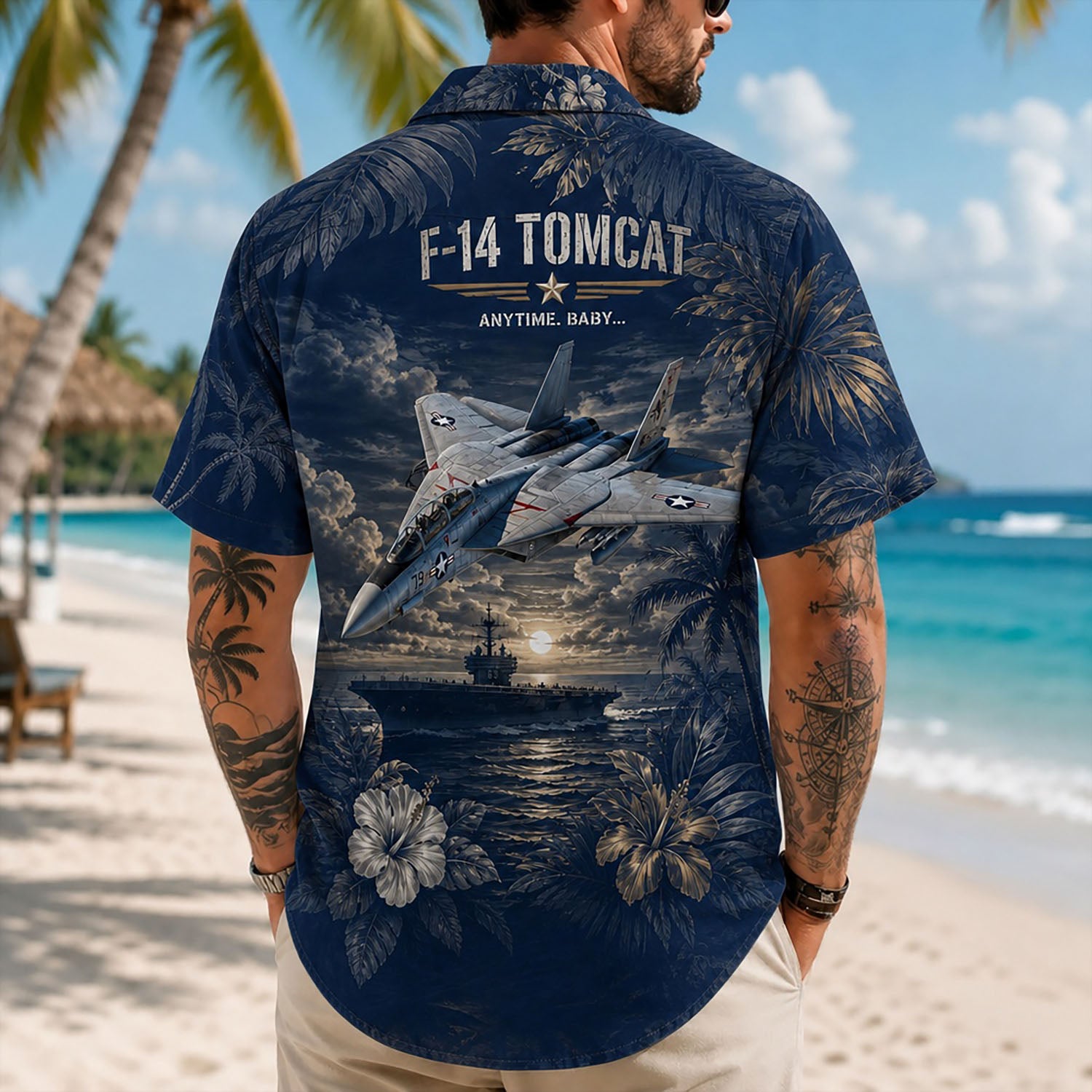 Back view lifestyle of a man showing the dramatic sunset aviation artwork and vintage military aircraft typography