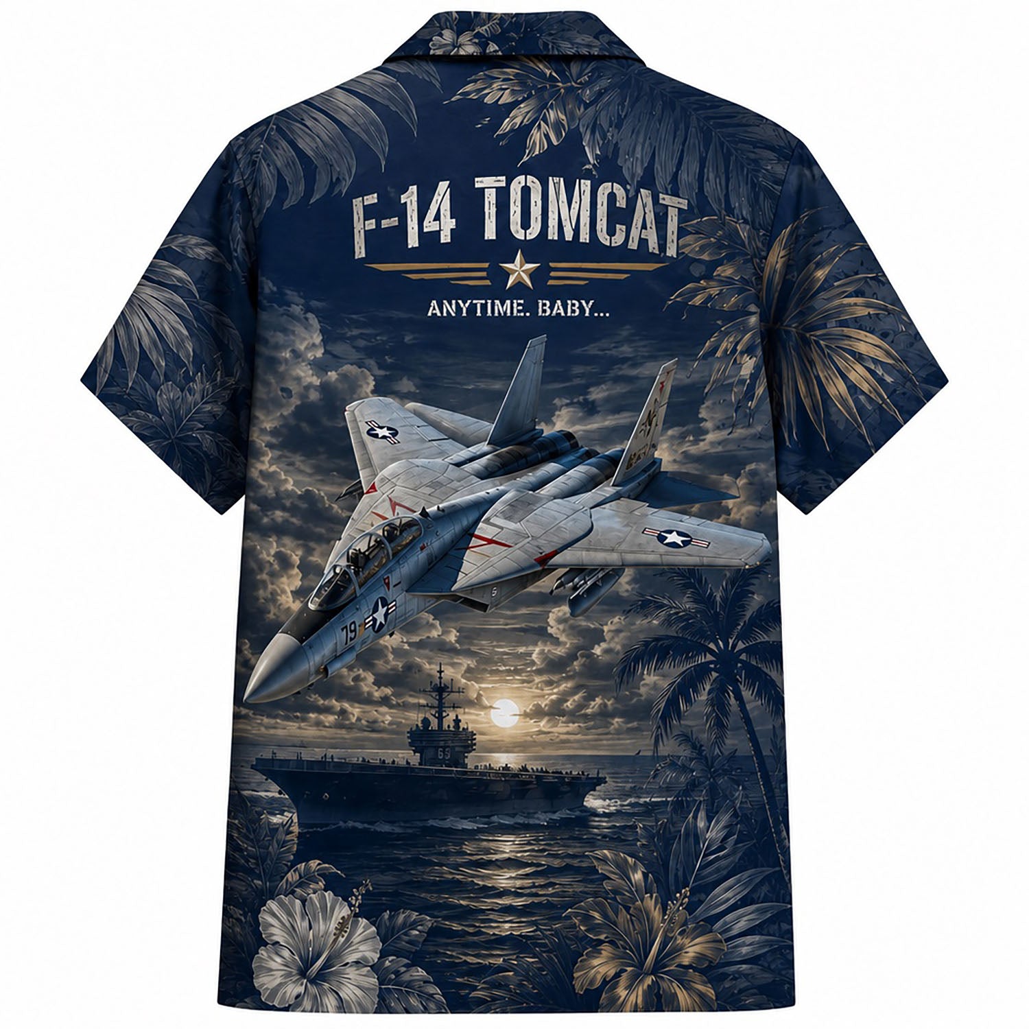 Back view mockup of the navy blue military shirt featuring a large F-14 fighter jet illustration and the classic slogan "Anytime, Baby..."