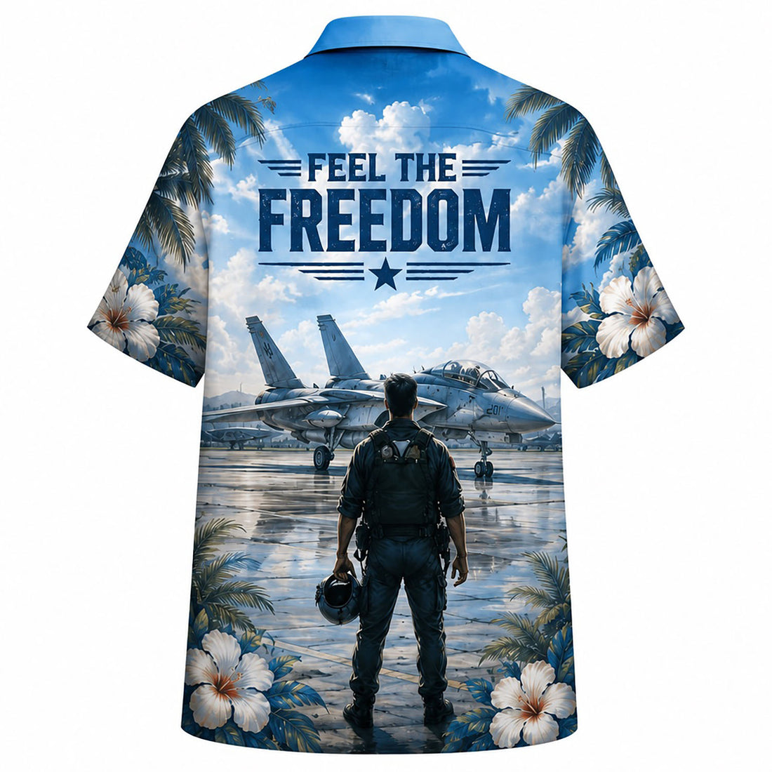 Front flat-lay view of the Personalized F-14 Tomcat Veteran Hawaiian Shirt with custom name slot and pilot standing on a runway graphic