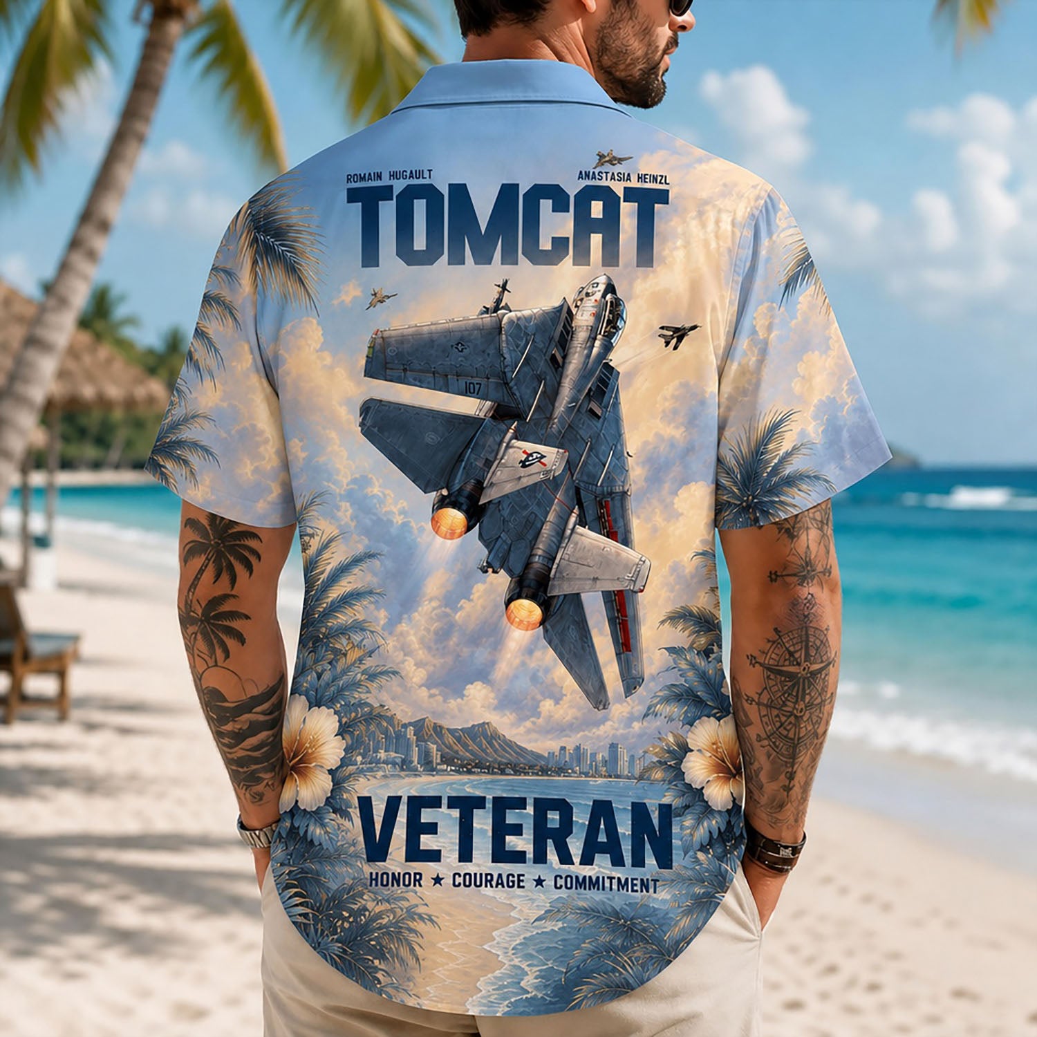 Back view lifestyle of a man on a shore displaying the detailed ascending fighter jet silhouette and coastal landscape