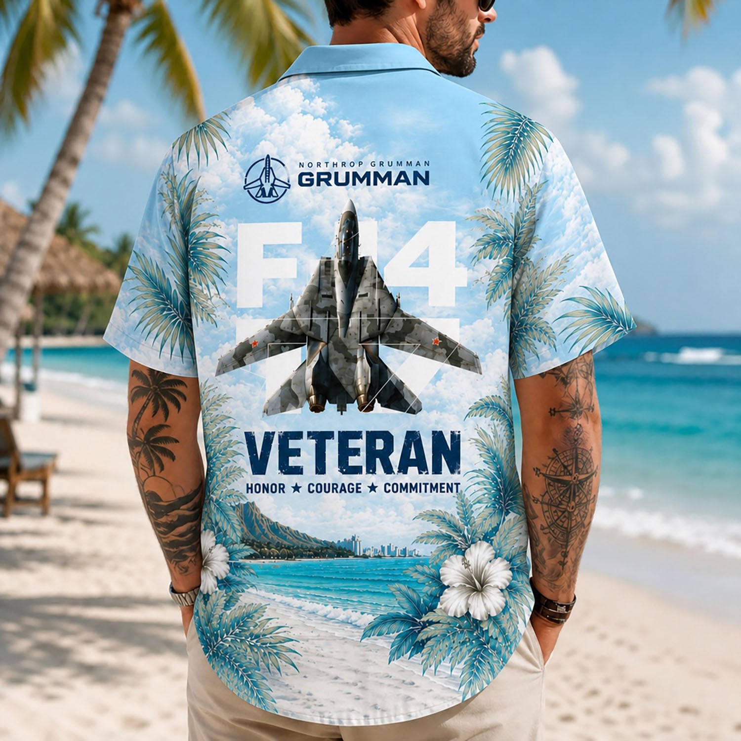 Back view lifestyle of a man on a beach displaying the detailed military aircraft silhouette and naval honor statement