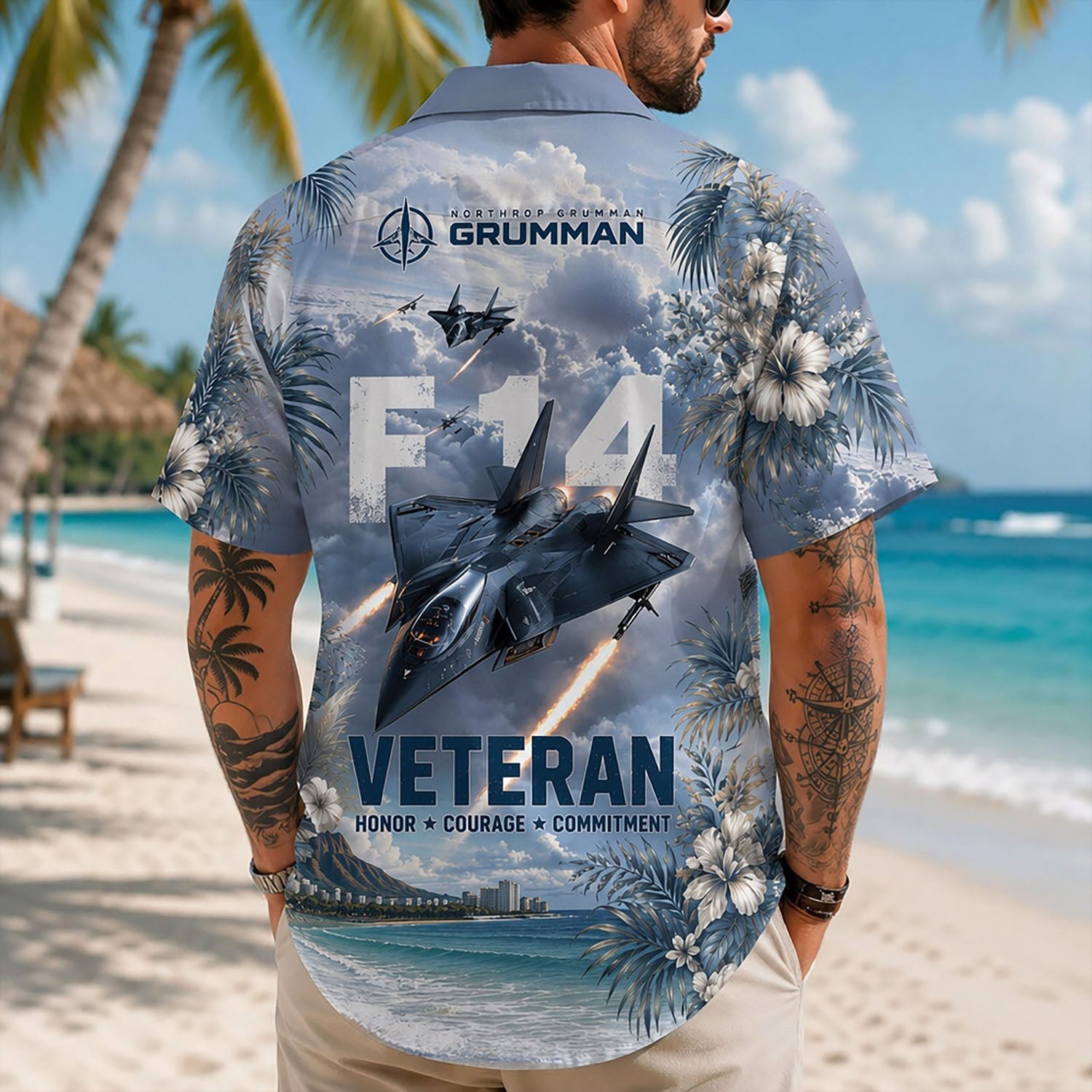 Back view lifestyle of a man on a shore displaying the intense tactical jet propulsion graphic and veteran statement