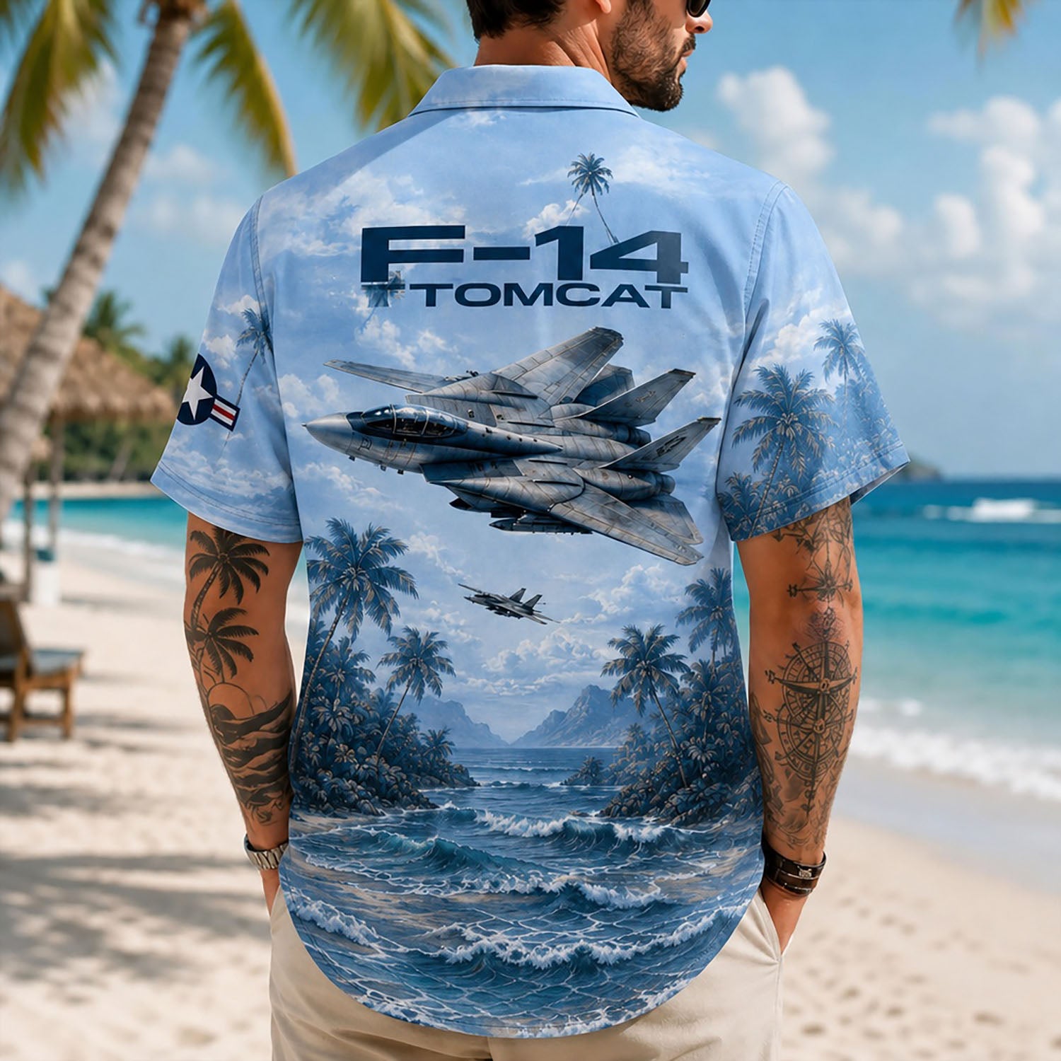 Back view lifestyle of a man showing the dramatic military aircraft flight scene and bold "F-14 TOMCAT" typography text