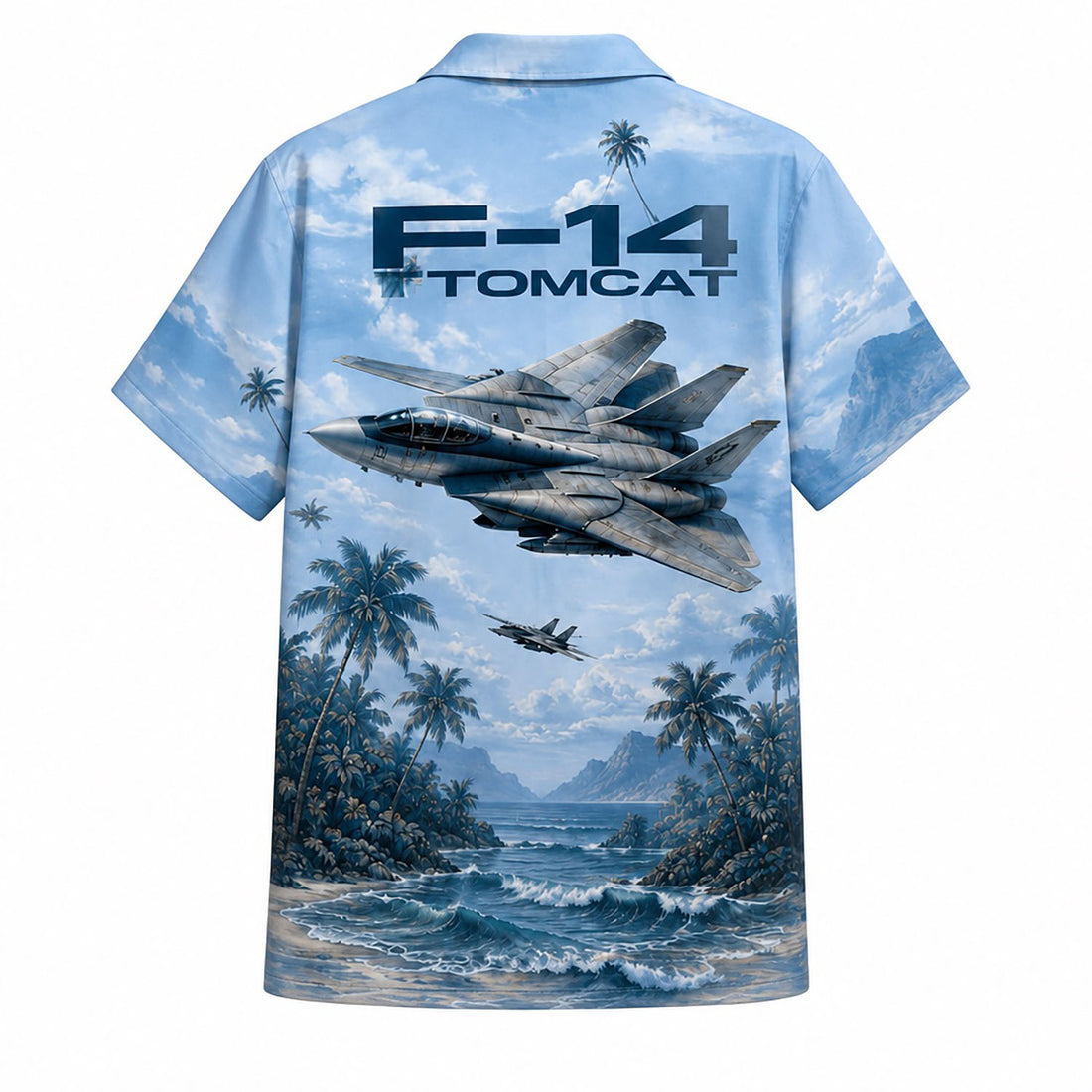 Front flat-lay view of the Personalized F-14 Tomcat Jet Fighter Hawaiian Shirt with custom name, pilot aviator wings, and military star insignia