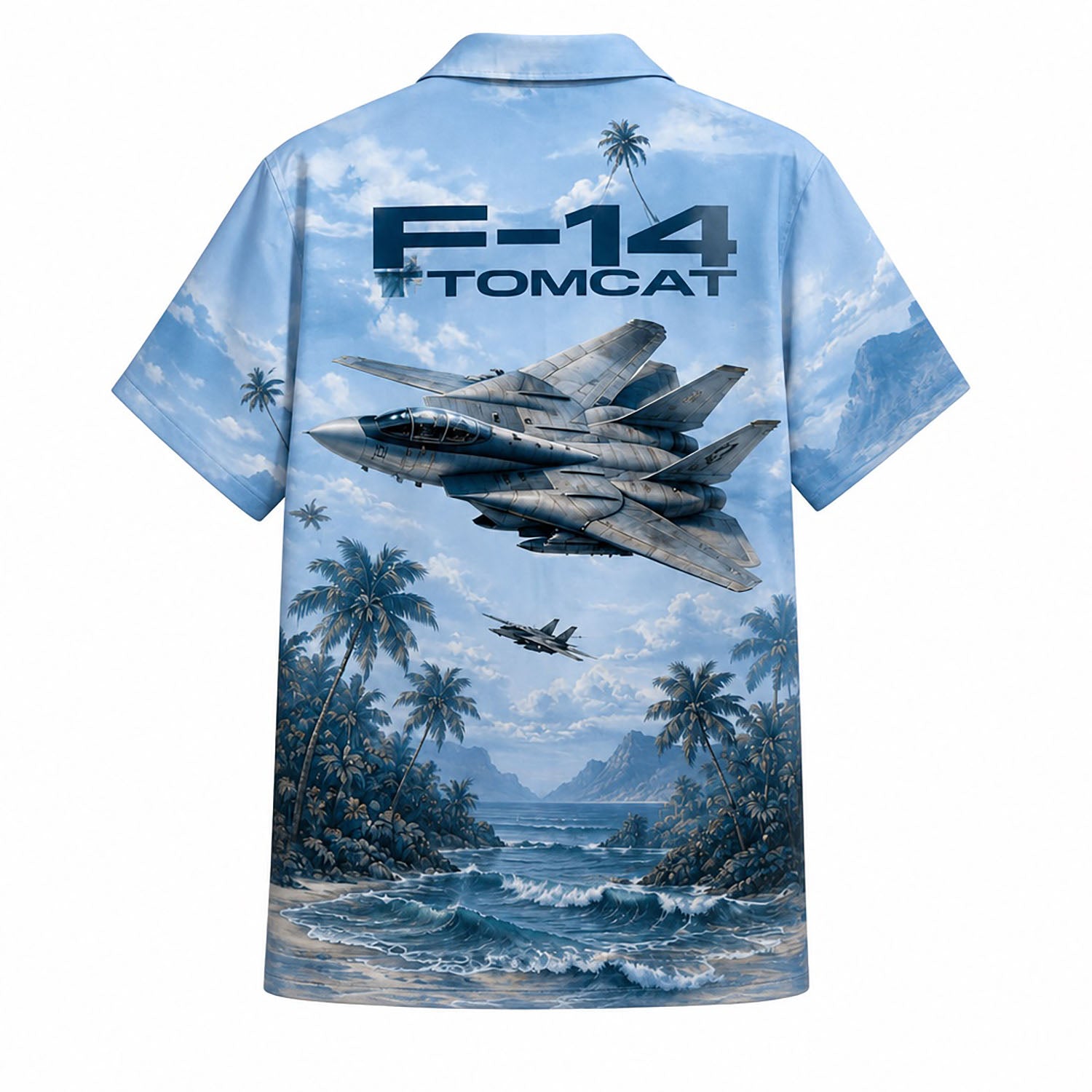 Back view mockup of the aviation shirt showing a large close-up print of the F-14 Tomcat fighter jet flying over a tropical island shore