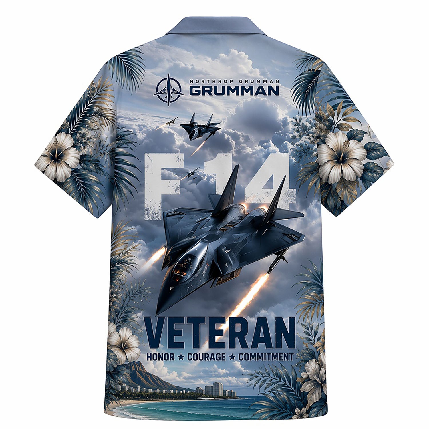 Back view mockup of the dark F-14 Tomcat military shirt with white "VETERAN" print, Grumman emblem, and core navy values