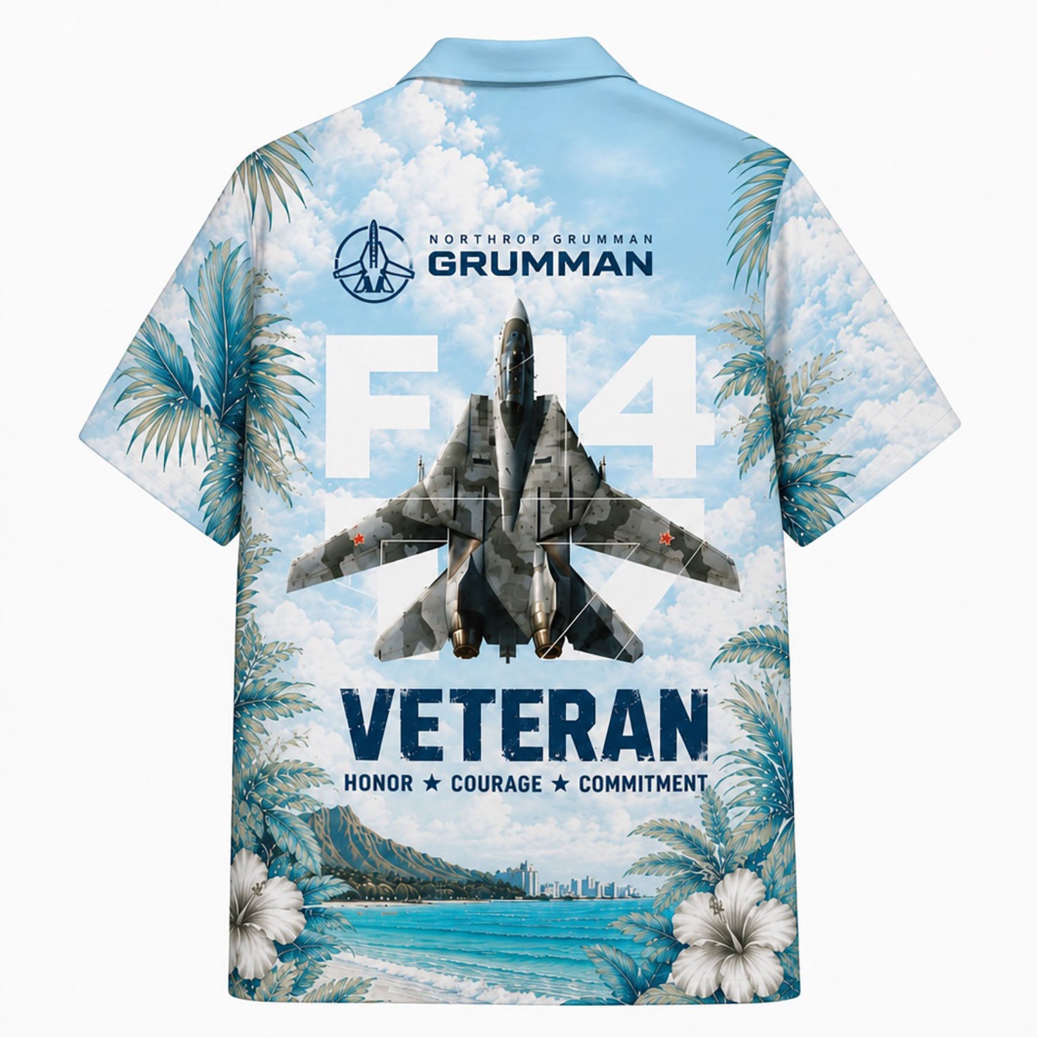 Back view mockup of the F-14 Tomcat military shirt showing the Grumman logo, "VETERAN" print, and core naval values