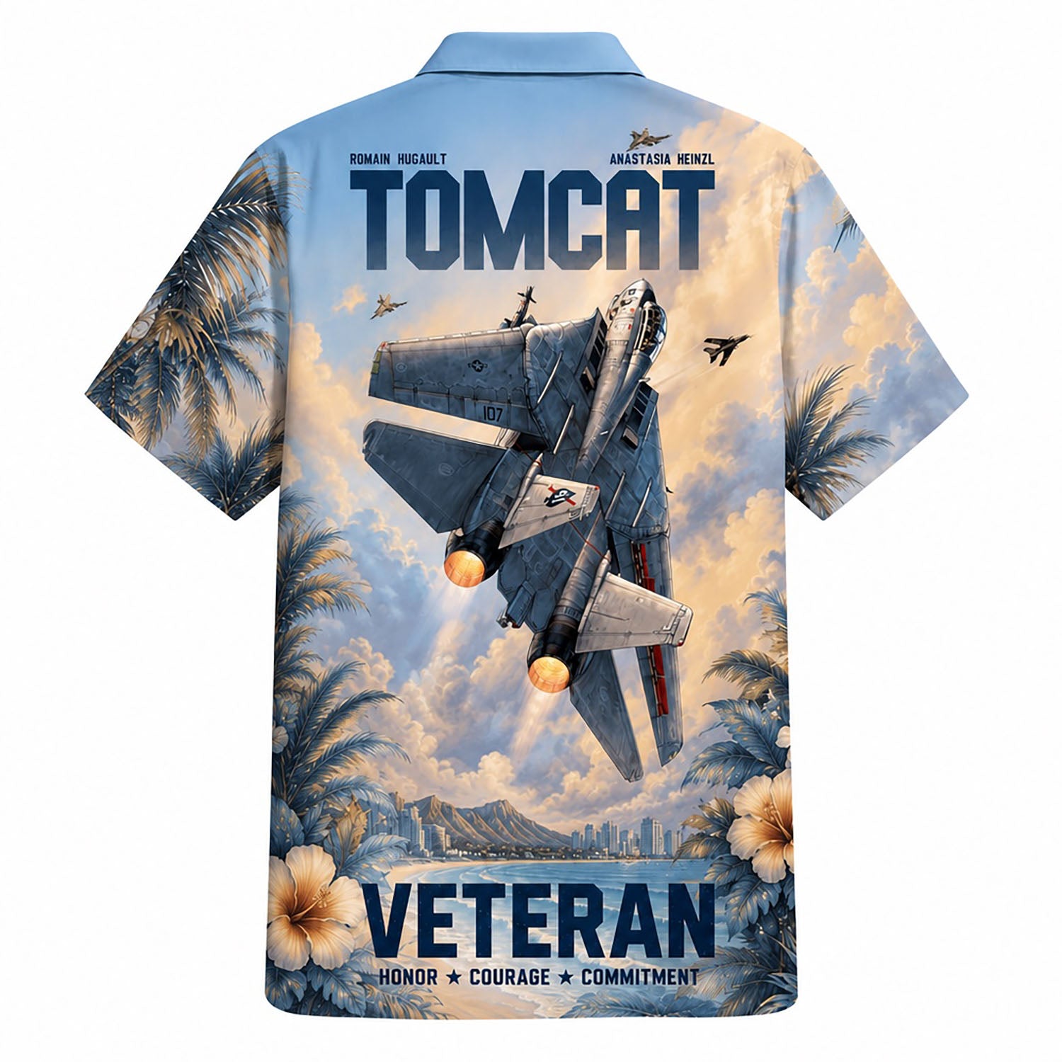 Back view mockup of the F-14 Tomcat military shirt showing the large "TOMCAT" text, "VETERAN" print, and naval service values