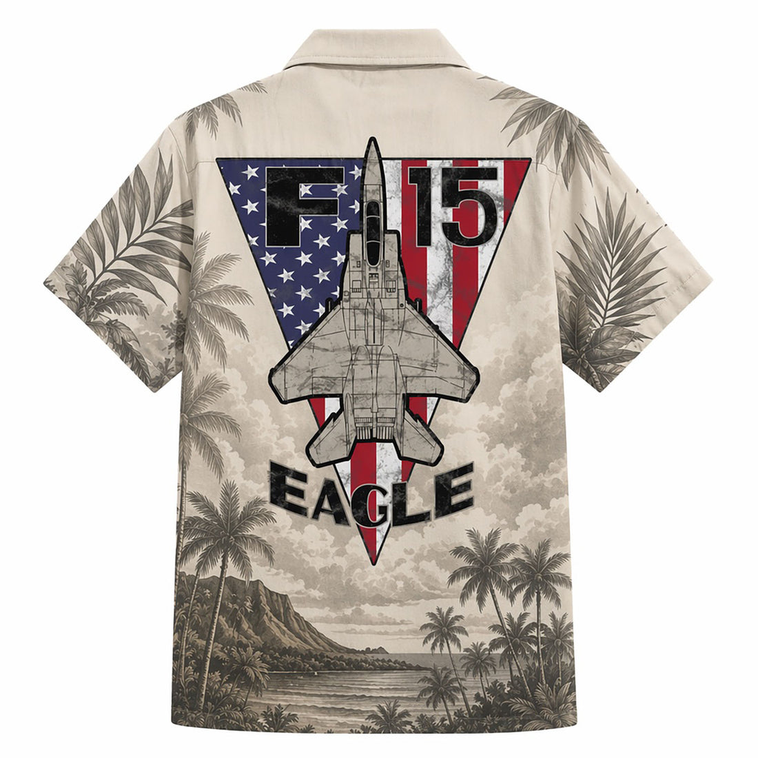 Front flat-lay view of the Personalized F-15 Eagle Fighter Jet Hawaiian Shirt in cream color with sepia tropical prints and custom name