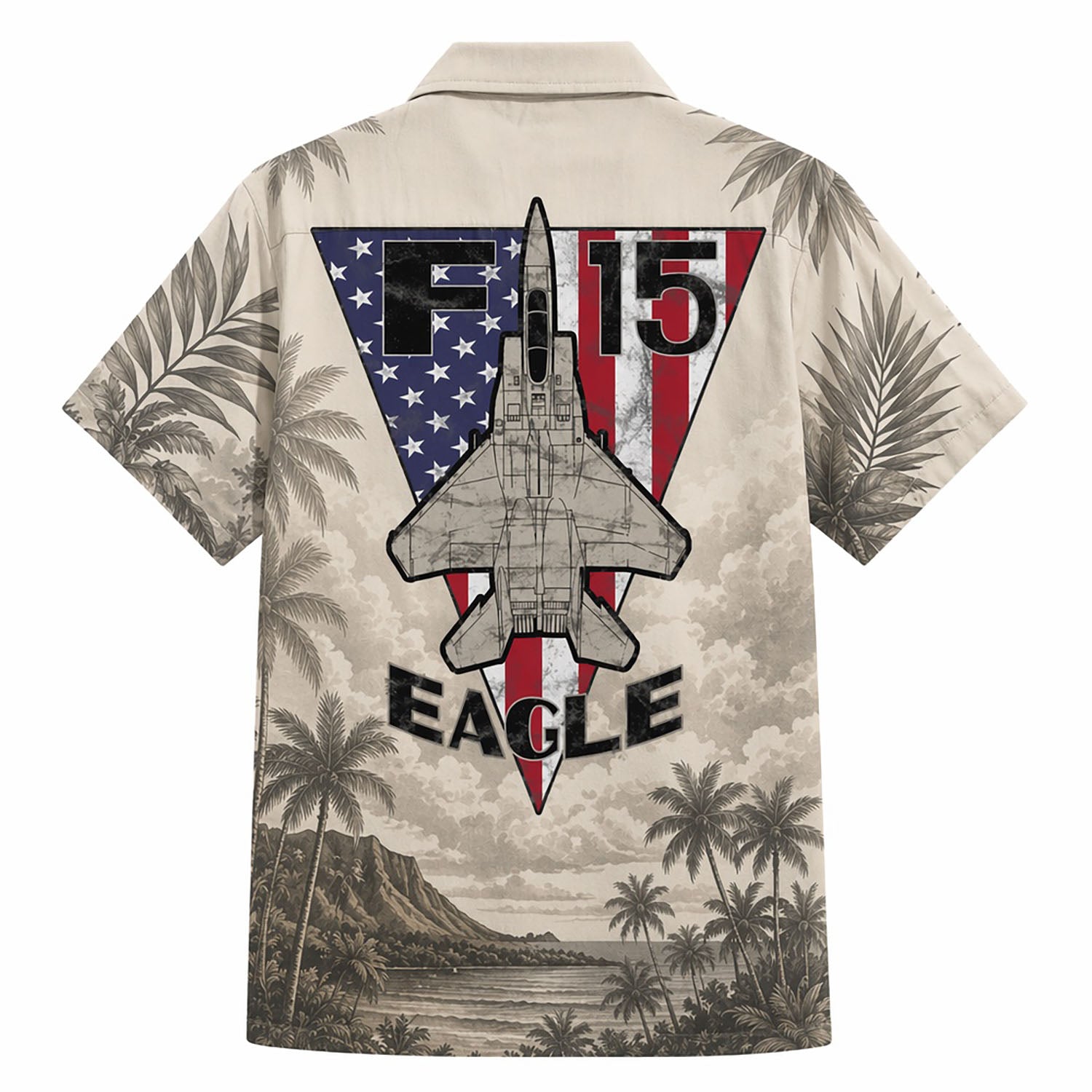 Back view mockup of the beige military shirt showing a top-down F-15 jet blueprint over a patriotic American flag chevron triangle