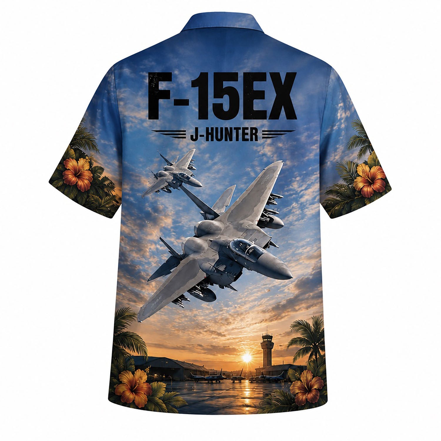 Back flat-lay view of the F-15EX aviation shirt displaying the detailed twin-engine fighter aircraft over a golden sunset sky