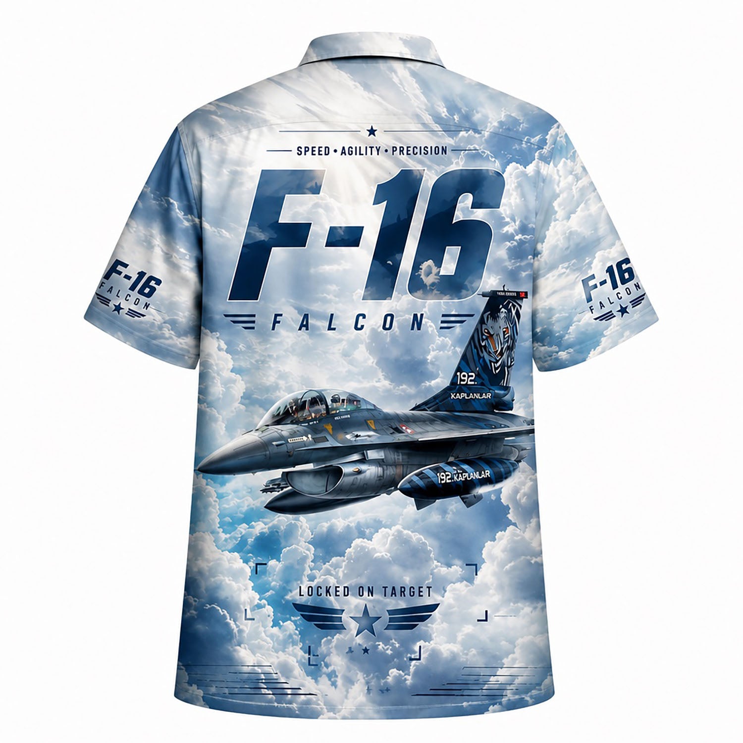 Back flat-lay view of the F-16 aviation shirt displaying the detailed tiger-tail fighter aircraft over a deep blue sky backing