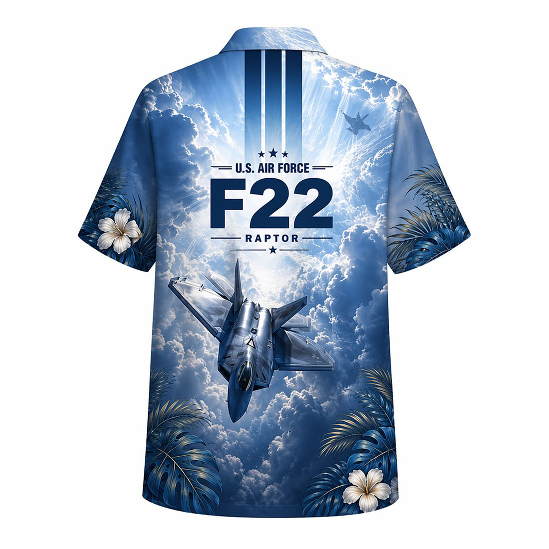 Front flat-lay view of the Personalized F-22 Raptor Fighter Jet Hawaiian Shirt in blue sky clouds with custom name print