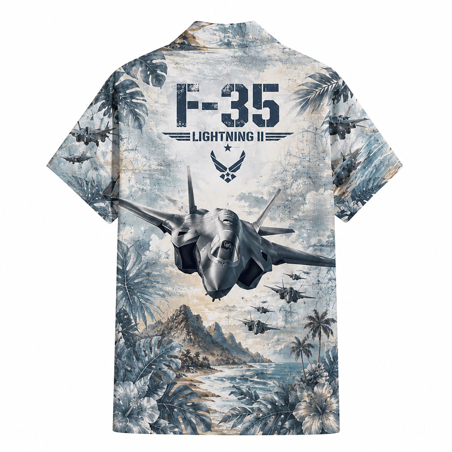 Back flat-lay view of the F-35 aviation shirt displaying the detailed stealth fighter aircraft flying over a tropical beach coast