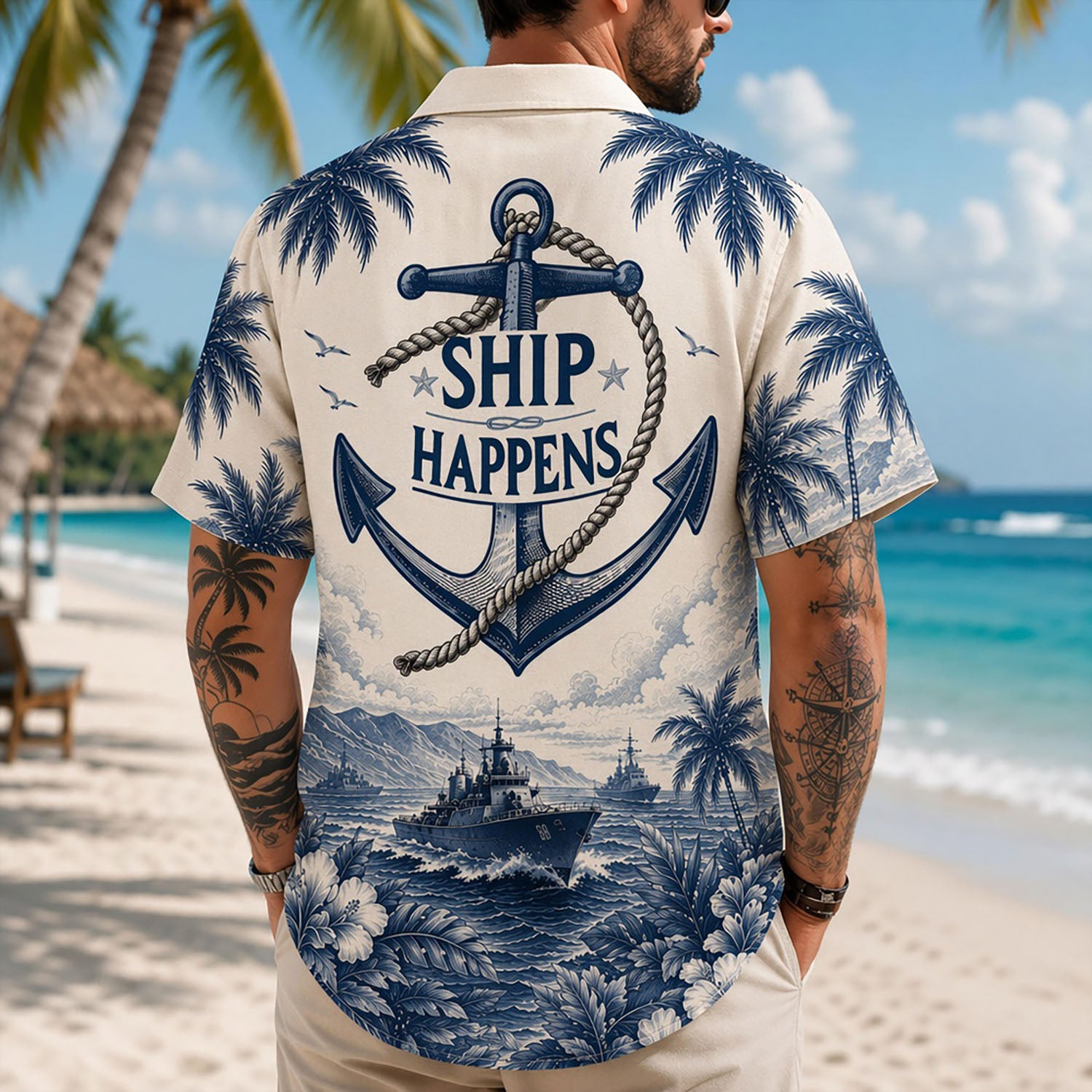 Back view lifestyle of a man showcasing the striking indigo blue Ship Happens anchor insignia with custom tropical island scenery