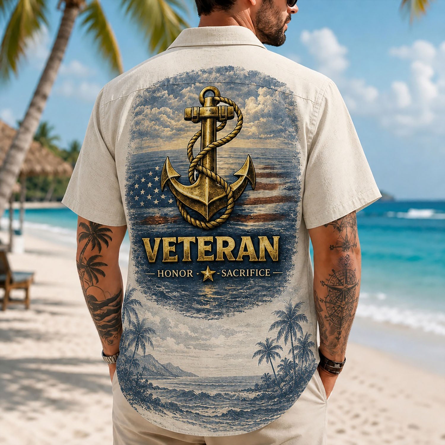 Back view lifestyle of a man showing the dramatic circular veteran anchor artwork and "Honor Sacrifice" text layout
