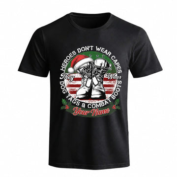 Heroes Don'T Wear Capes They Wear Dog Tags Combat Boots Christmas T Shirt Personalized Veteran Front View