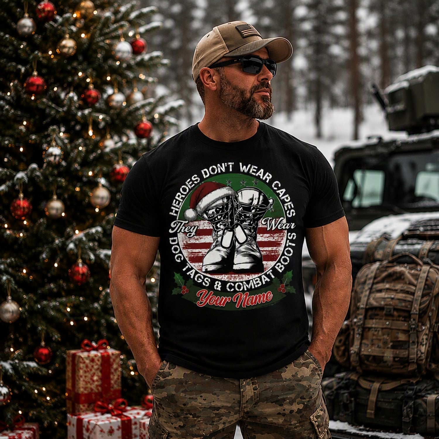 Heroes Don'T Wear Capes They Wear Dog Tags Combat Boots Christmas T Shirt Personalized Veteran Outdoor Model