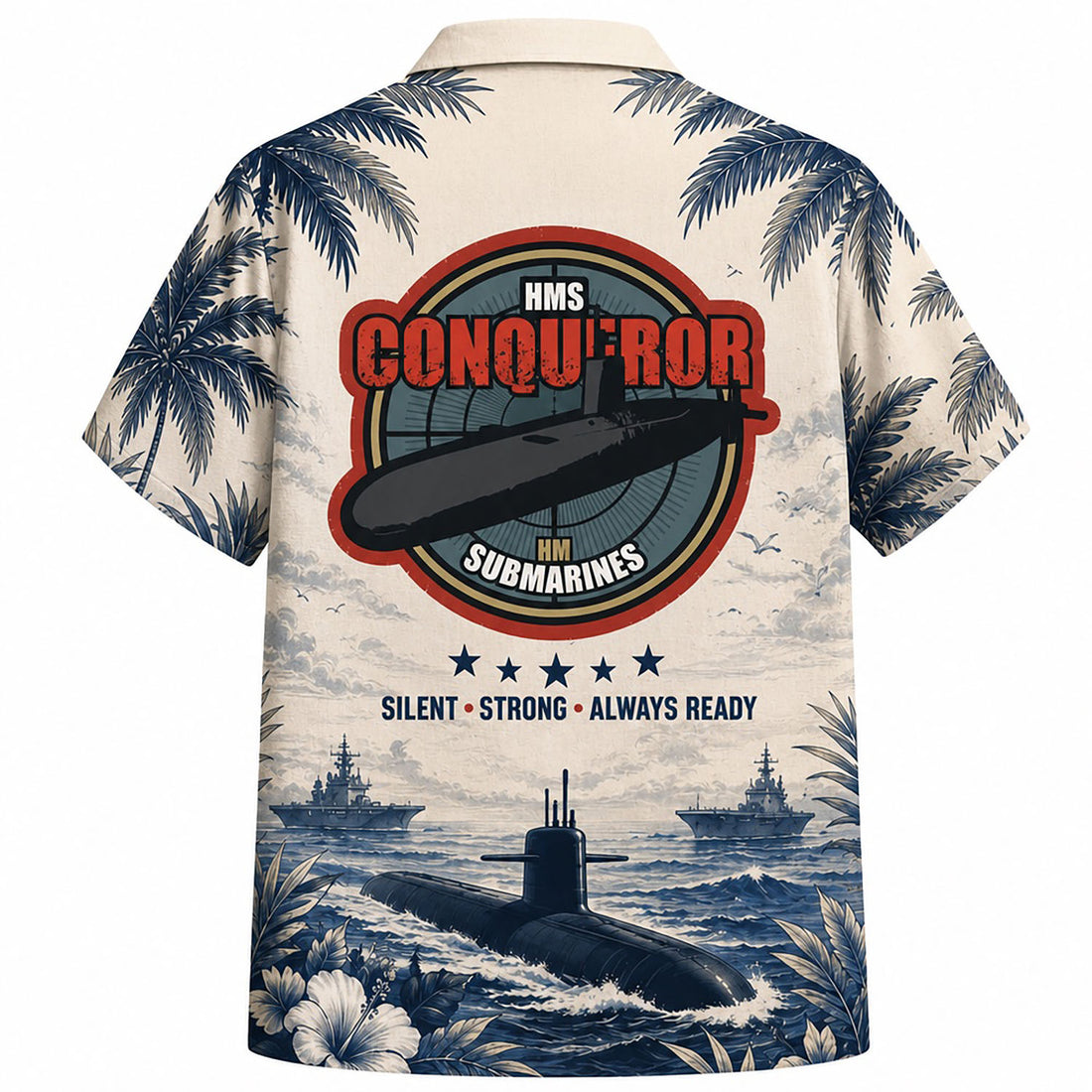 Front flat-lay view of the Personalized HMS Conqueror Submarine Hawaiian Shirt in cream featuring a blue sketch warship and custom name block