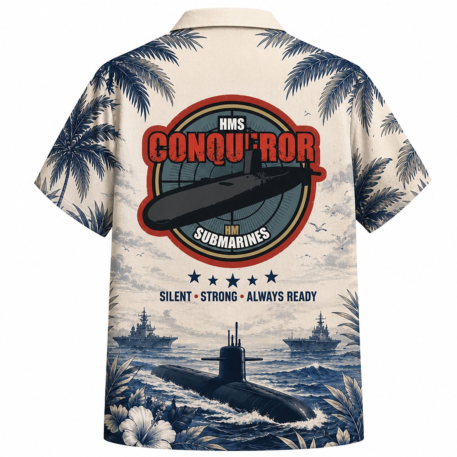 Back view mockup of the cream military shirt displaying a bold circular red and grey HMS Conqueror Submarine badge layout