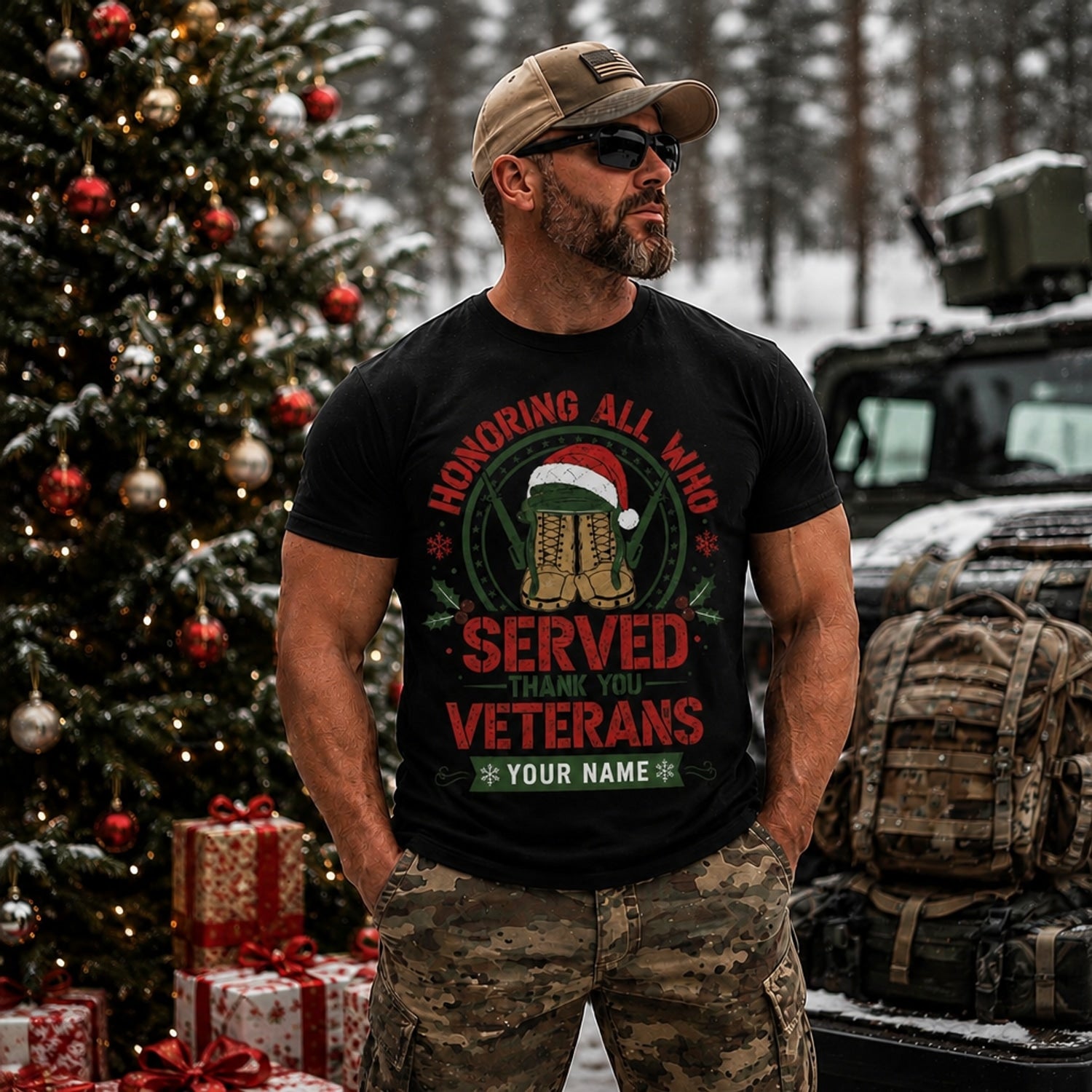 Honoring All Who Served Veterans Christmas T Shirt Personalized Military Appreciation Holiday Outdoor Model
