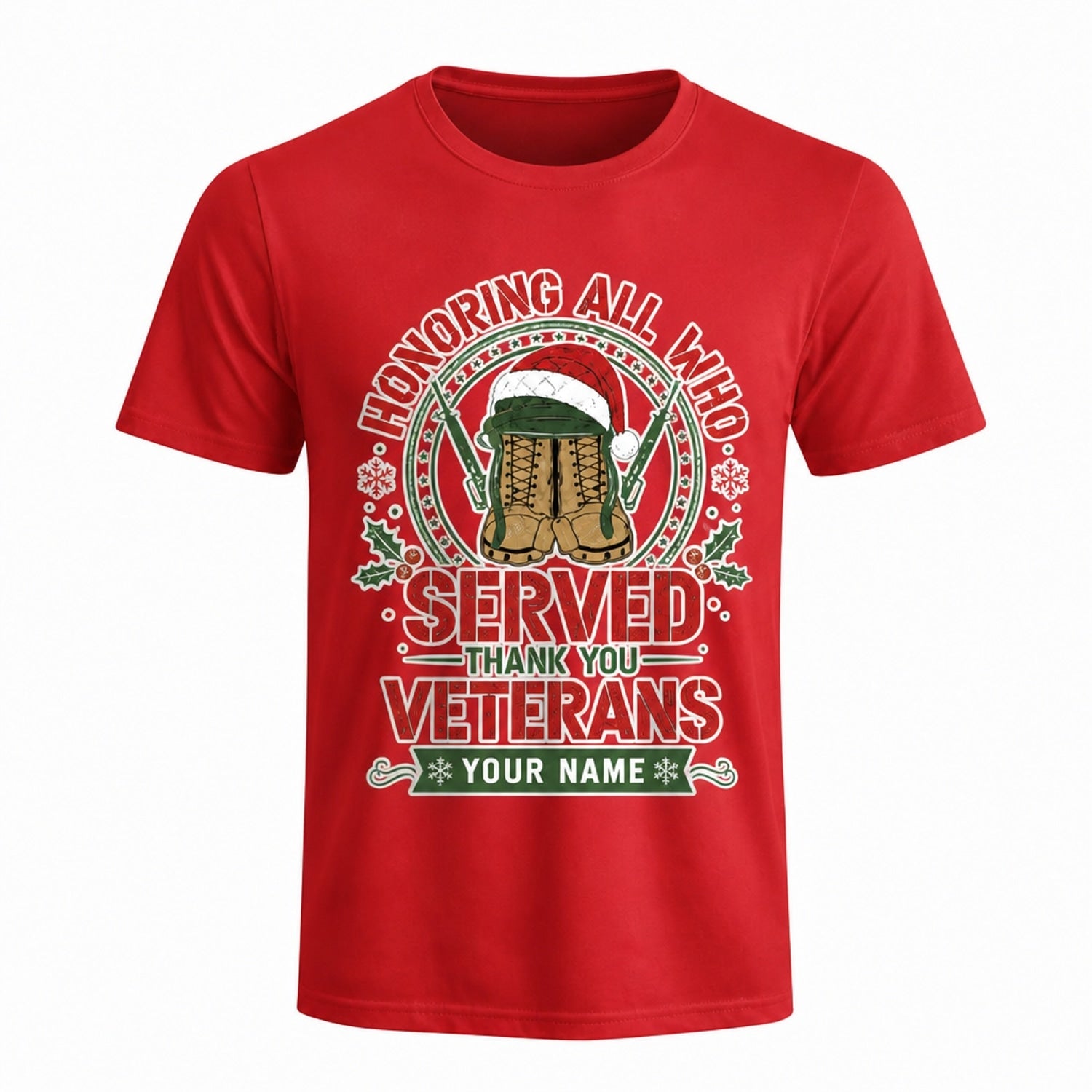Honoring All Who Served Veterans Christmas T Shirt Personalized Military Appreciation Holiday Red Front View