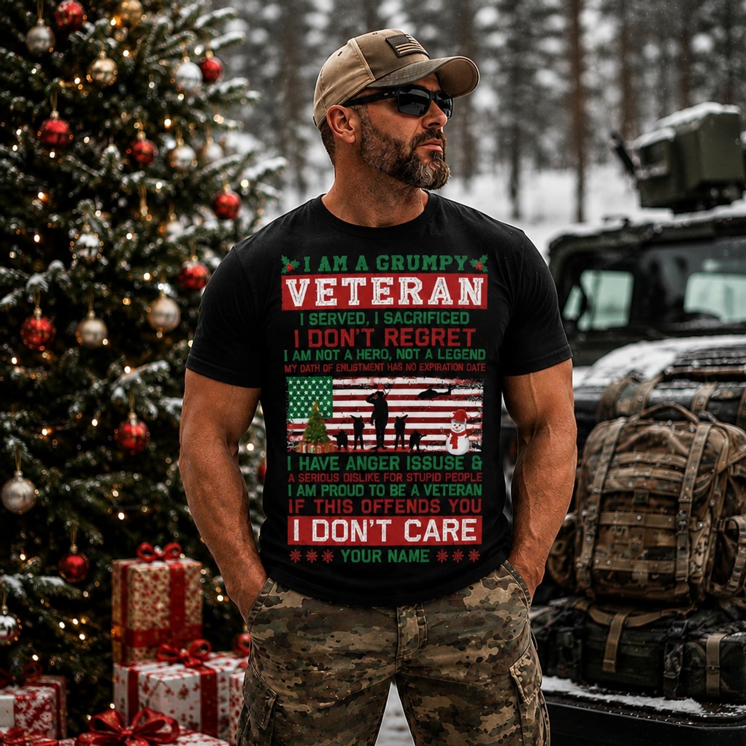 I Am A Grumpy Veteran I Served I Sacrificed Christmas T Shirt Personalized Funny Military Outdoor Model