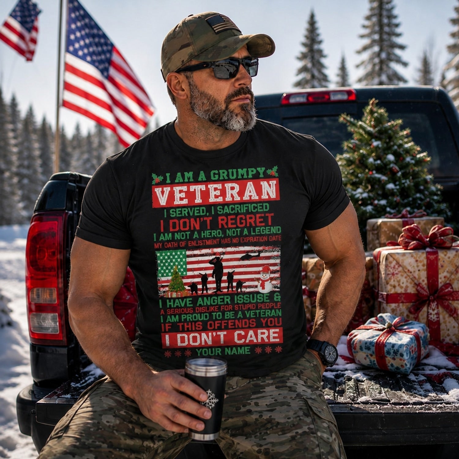 I Am A Grumpy Veteran I Served I Sacrificed Christmas T Shirt Personalized Funny Military Truck Lifestyle
