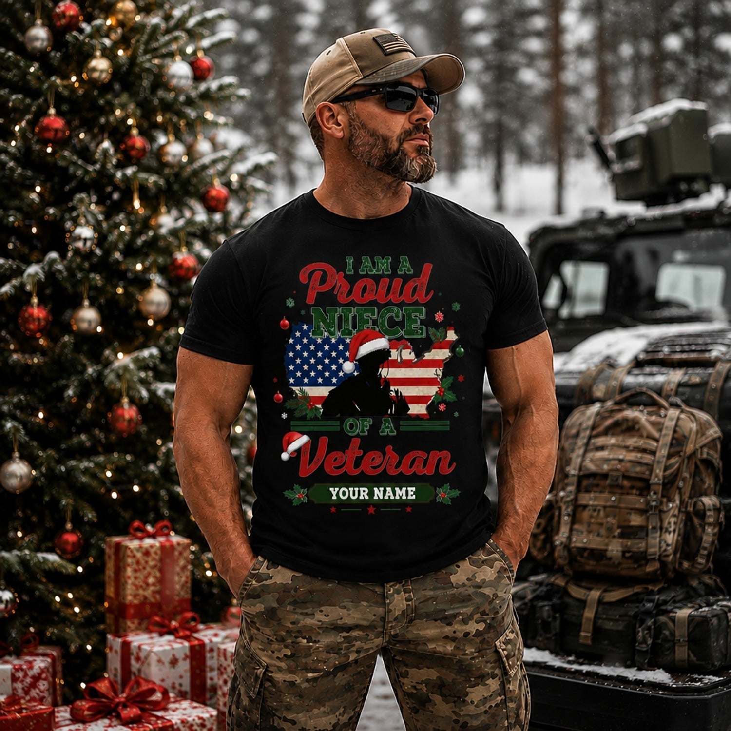 I Am A Proud Niece Of A Veteran Christmas T Shirt Personalized Name Patriotic Family Holiday Outdoor Model
