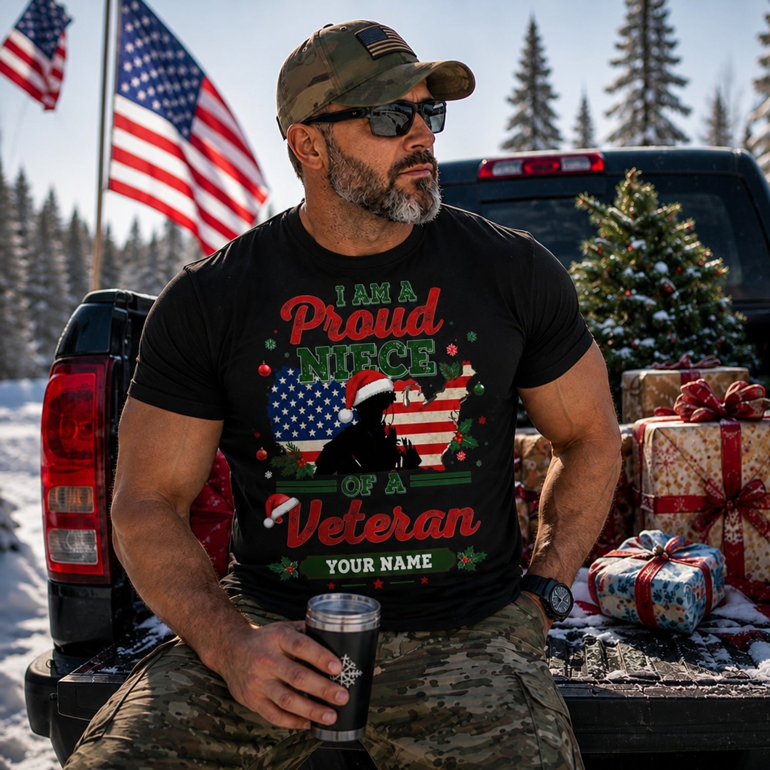 I Am A Proud Niece Of A Veteran Christmas T Shirt Personalized Name Patriotic Family Holiday Truck Lifestyle