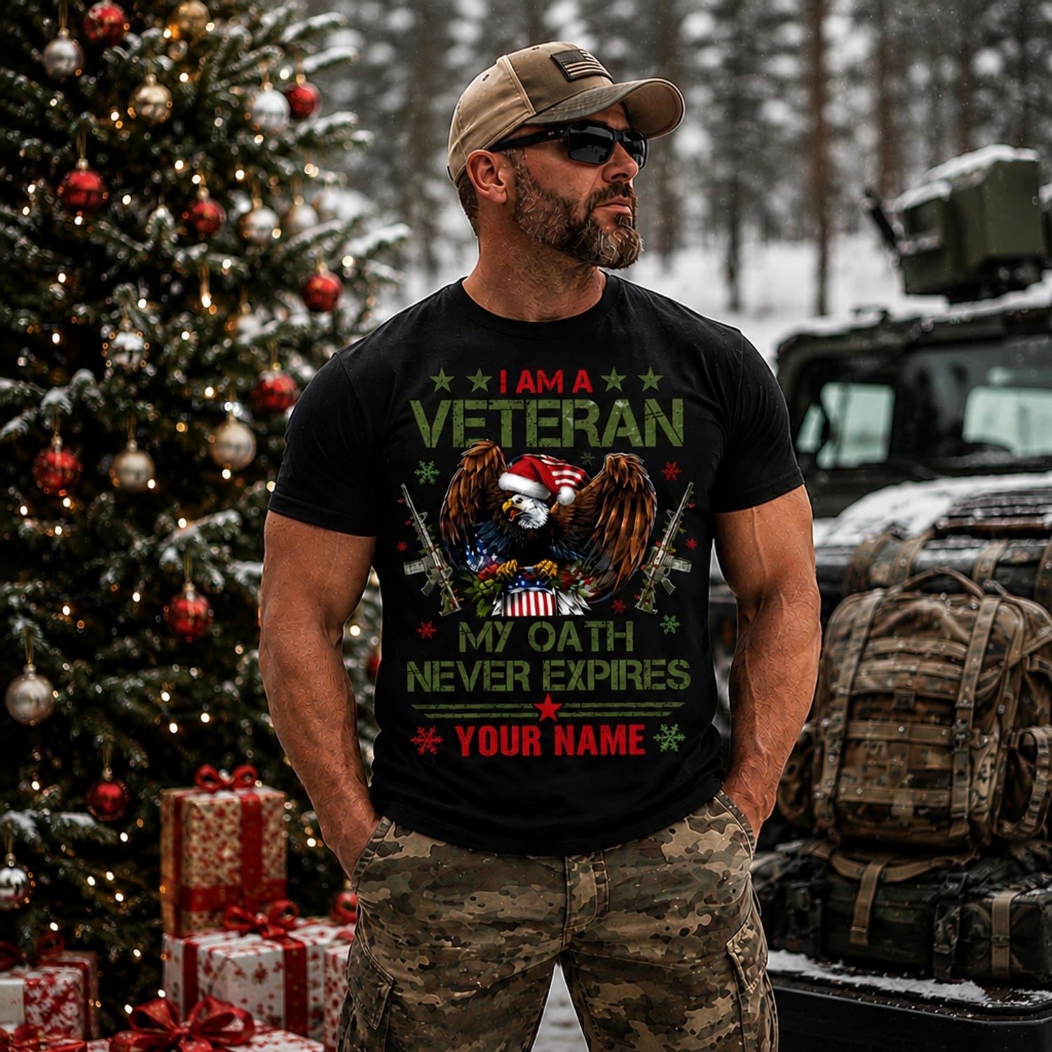 I Am A Veteran My Oath Never Expires Christmas T Shirt Personalized Patriotic Military Holiday Outdoor Model
