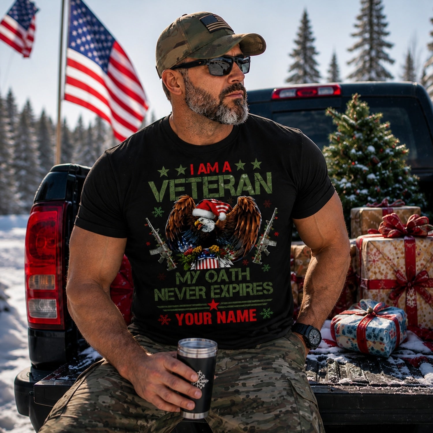 I Am A Veteran My Oath Never Expires Christmas T Shirt Personalized Patriotic Military Holiday Truck Lifestyle