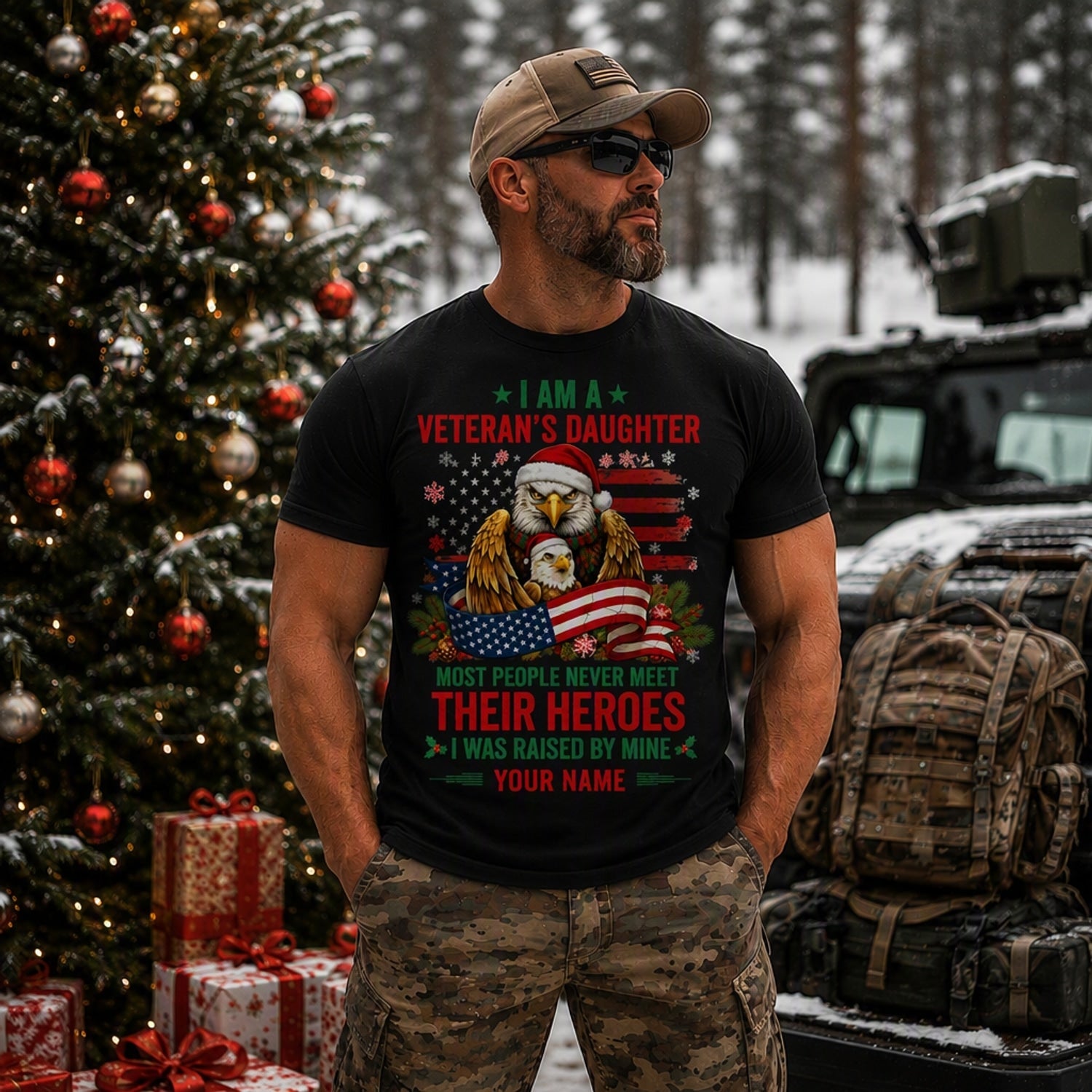 I Am A Veteran'S Daughter Raised By My Hero Christmas T Shirt Personalized Family Military Outdoor Model