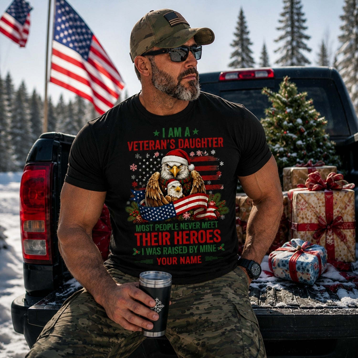I Am A Veteran'S Daughter Raised By My Hero Christmas T Shirt Personalized Family Military Truck Lifestyle