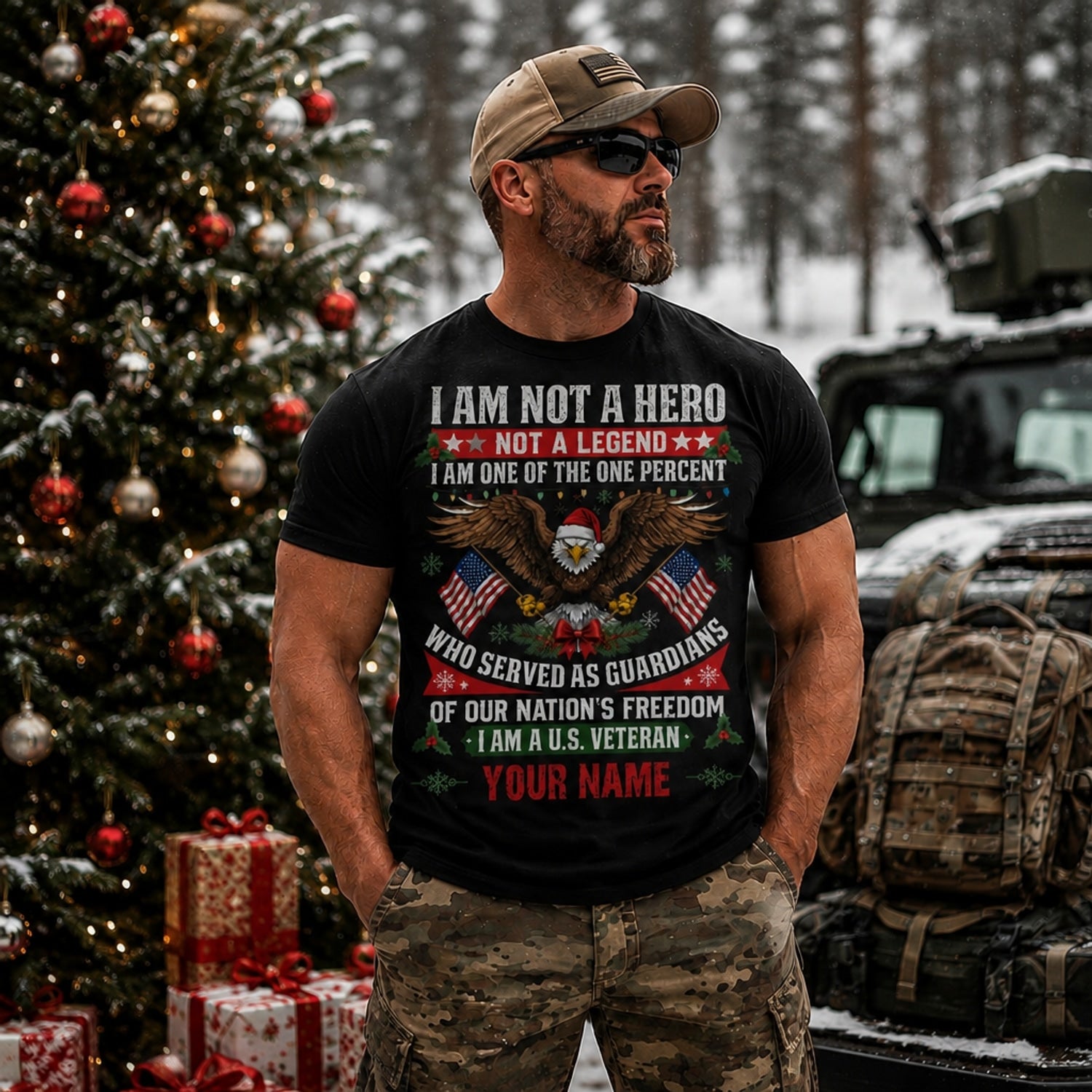 I Am Not A Hero I Am A Veteran Christmas T Shirt Personalized Patriotic Military Service Holiday Outdoor Model