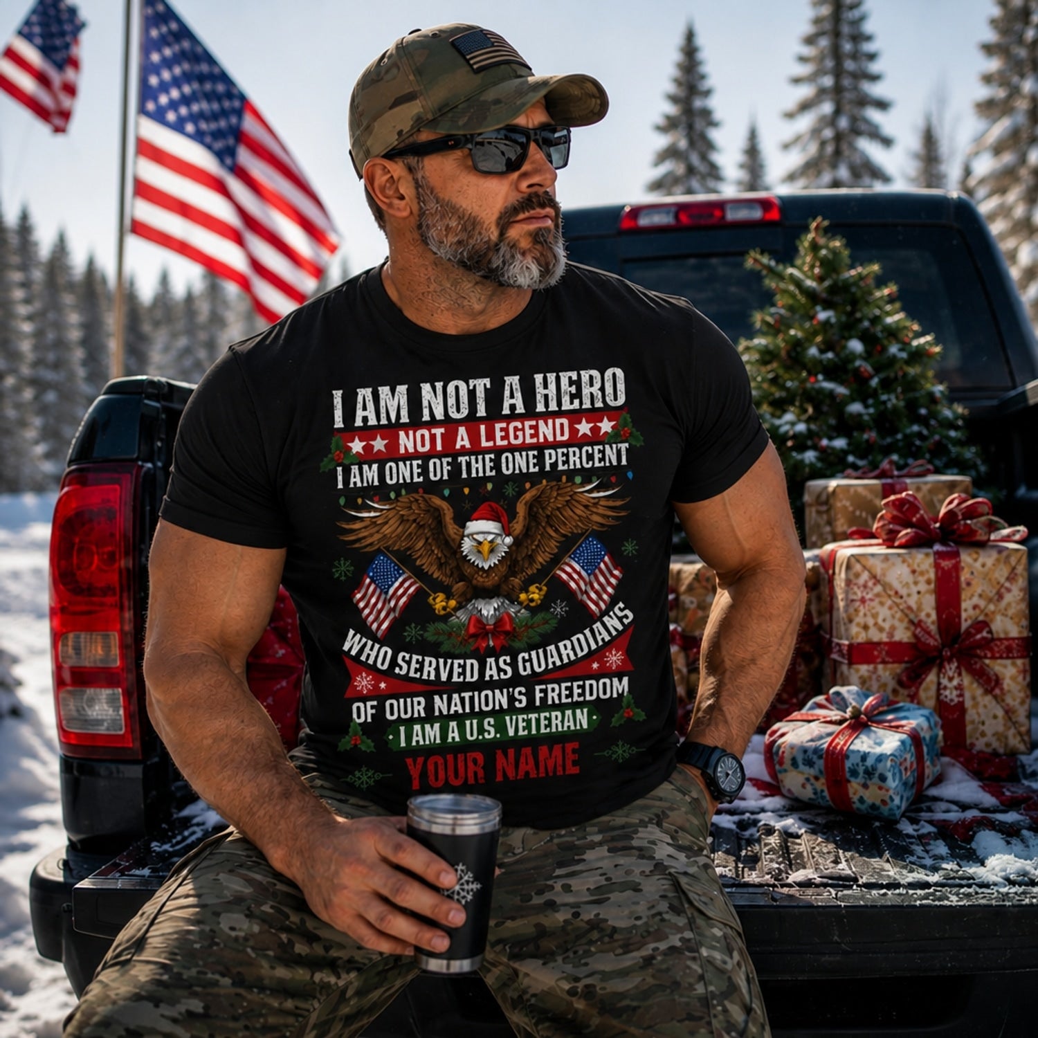 I Am Not A Hero I Am A Veteran Christmas T Shirt Personalized Patriotic Military Service Holiday Truck Lifestyle