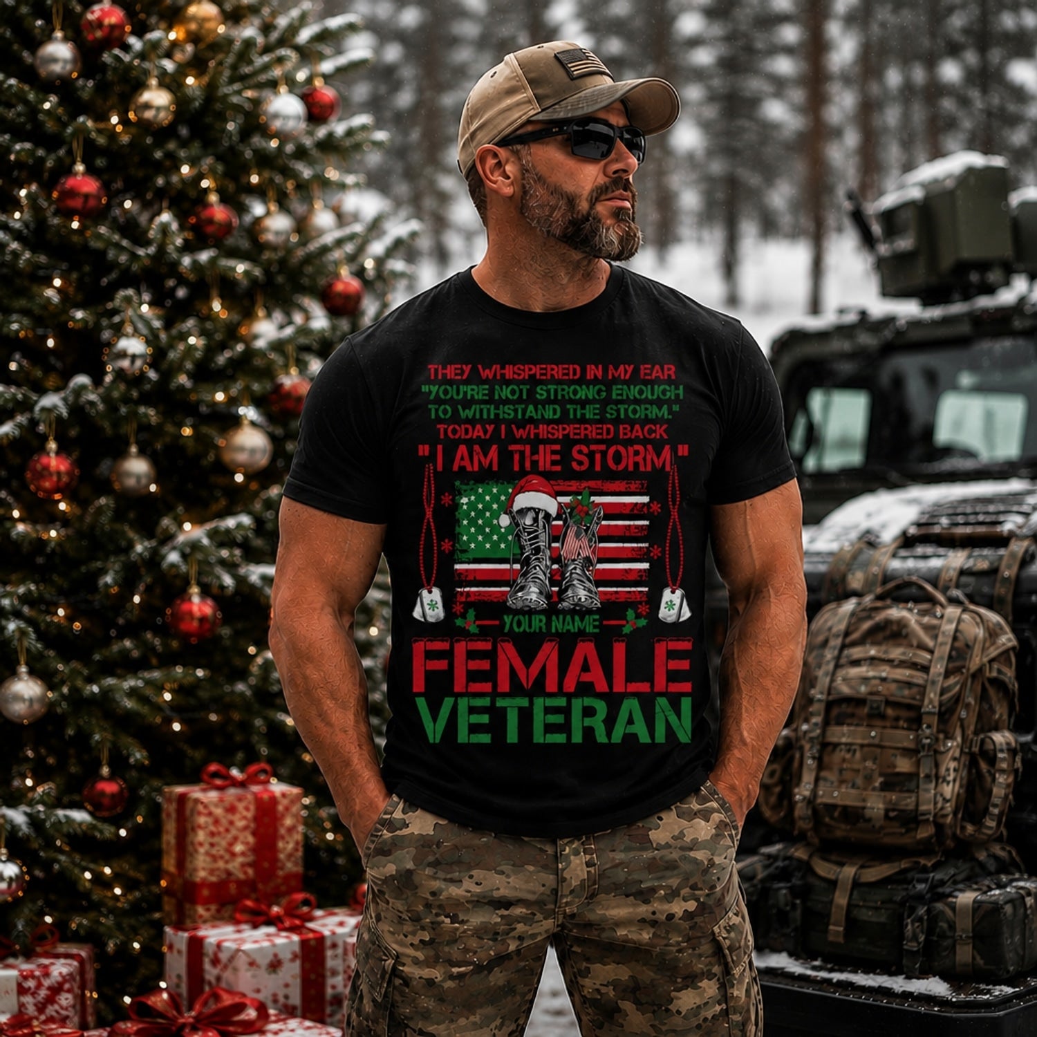 I Am The Storm Female Veteran Christmas T Shirt Personalized Name Military Patriotic Holiday Outdoor Model