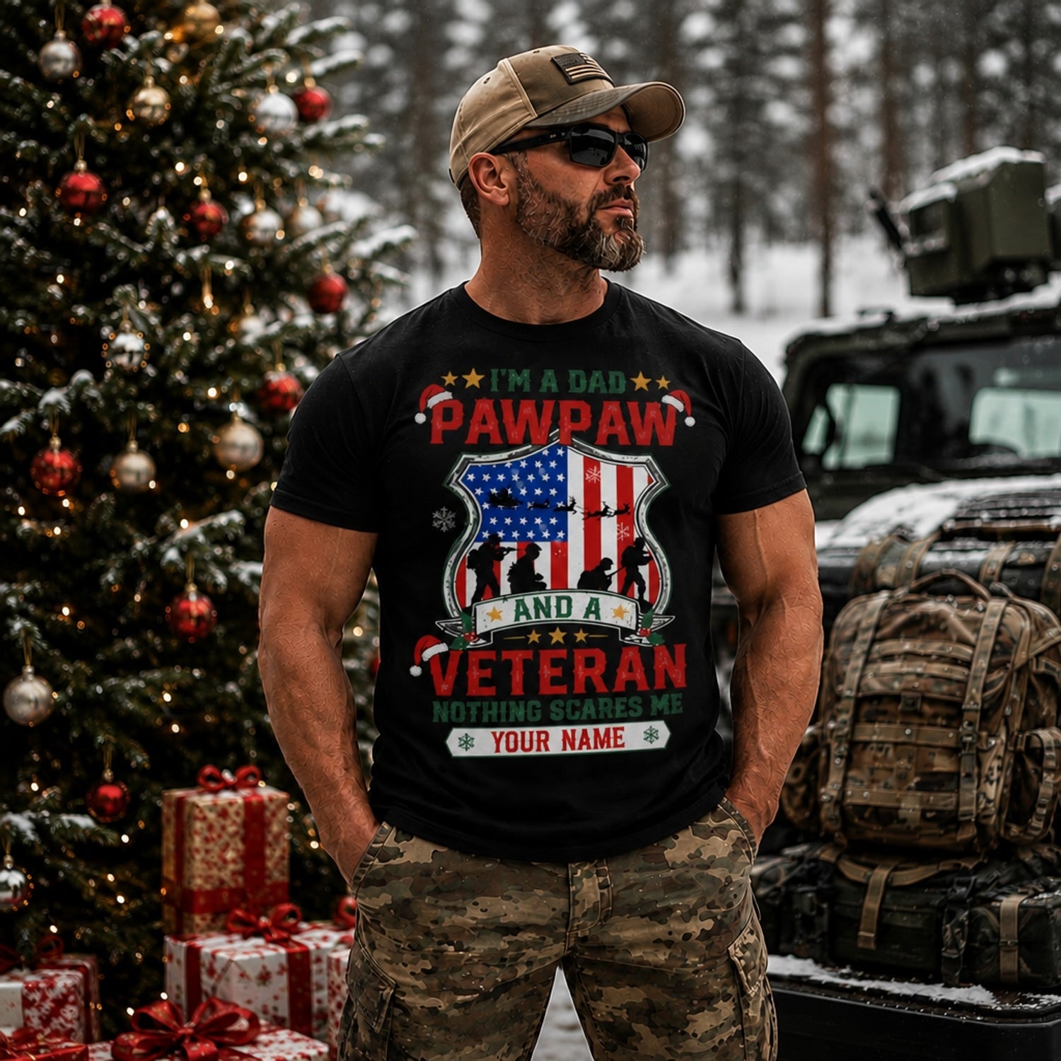 I'M A Dad Pawpaw And A Veteran Christmas T Shirt Personalized Name Family Military Holiday Outdoor Model
