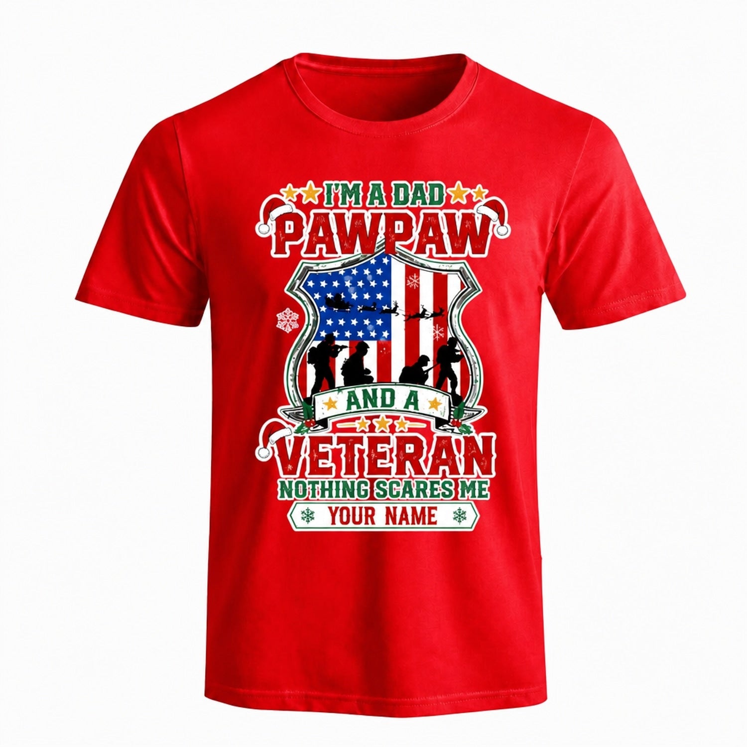 I'M A Dad Pawpaw And A Veteran Christmas T Shirt Personalized Name Family Military Holiday Red Front View