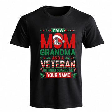 I'M A Mom Grandma And A Veteran Christmas T Shirt Personalized Name Family Military Holiday Front View